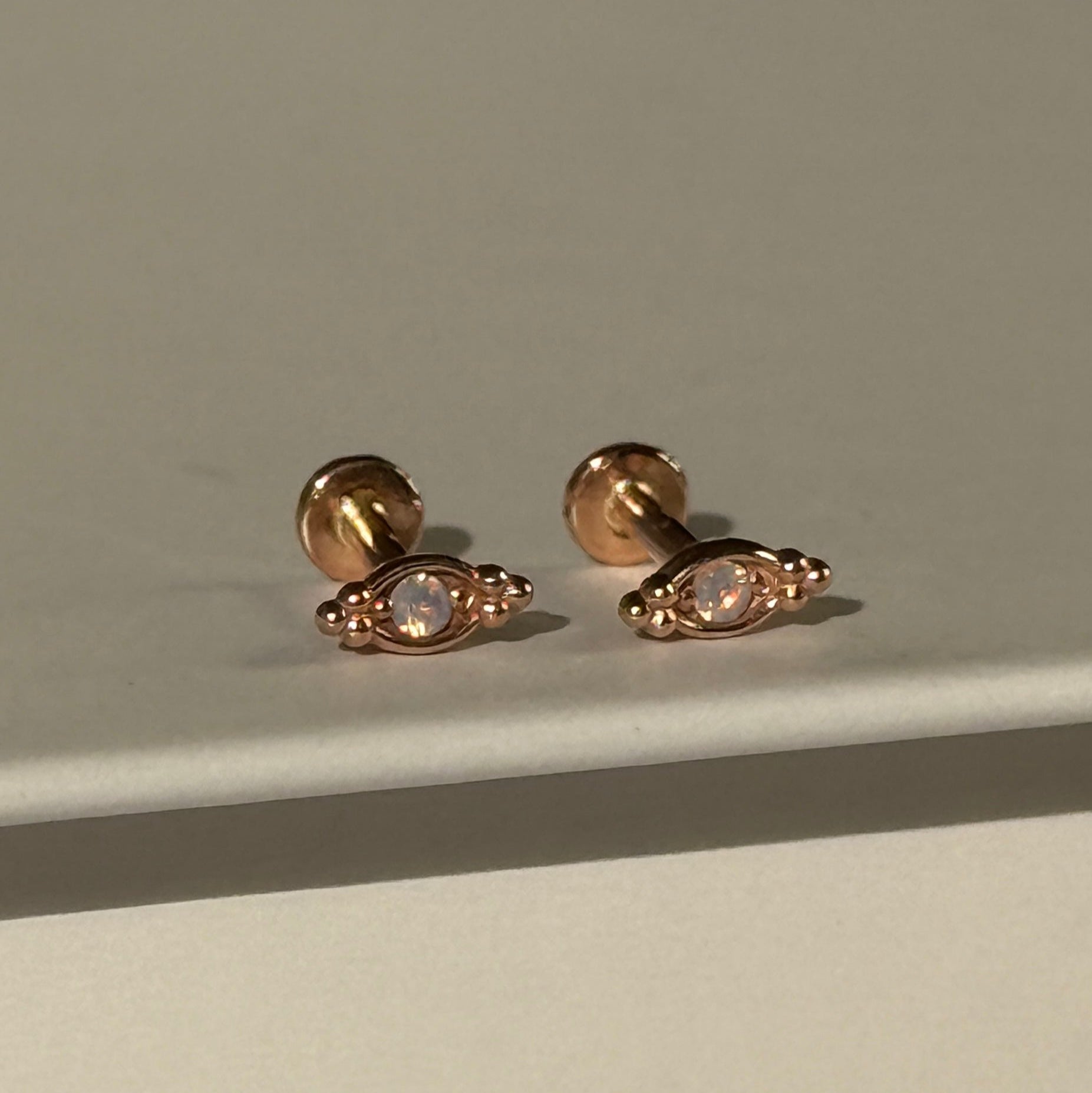 Beaded Marquise Opal Evil Eye Flat Back Stud in Solid 14k Rose Gold