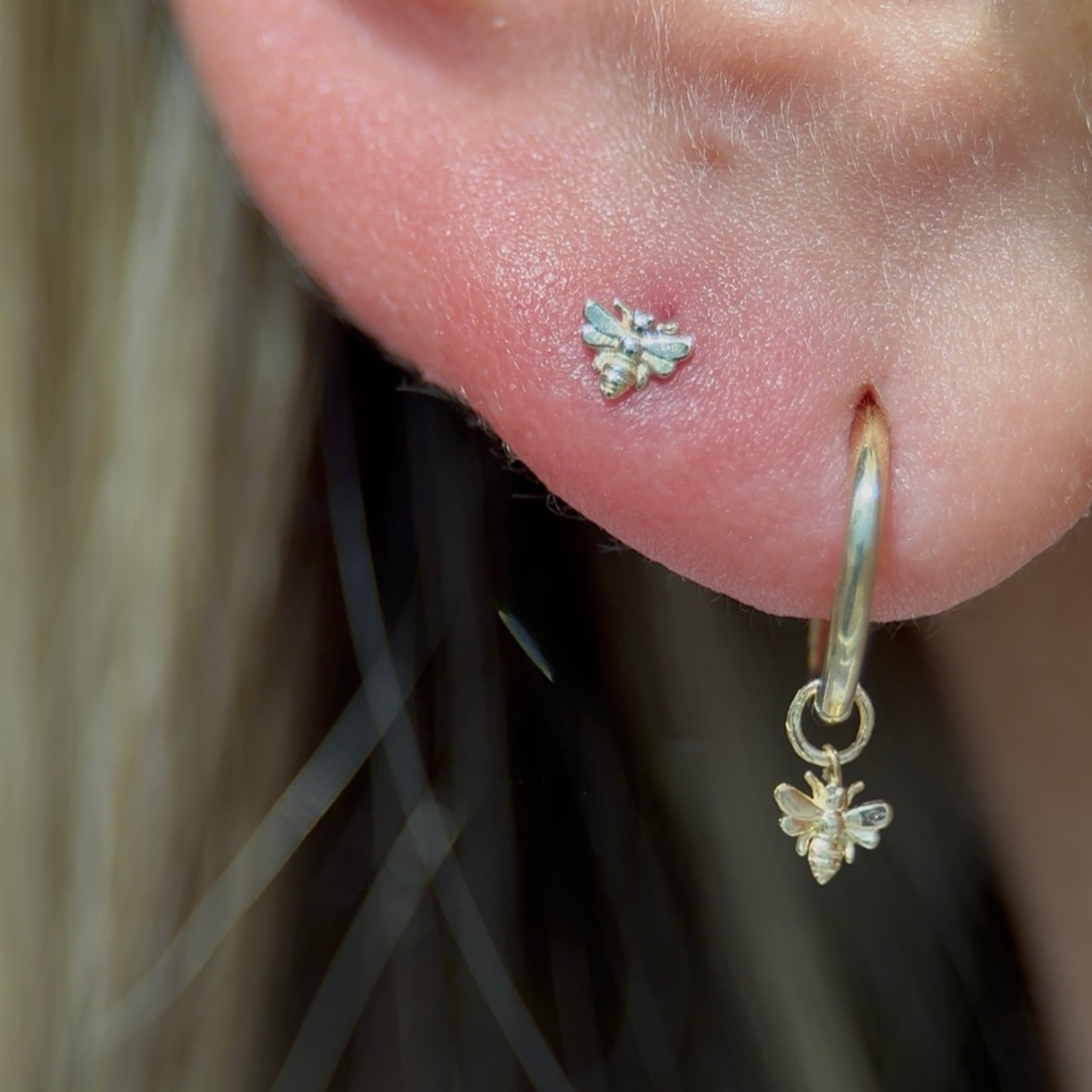 Minimalist Bee Flat Back Stud in Solid 14k Yellow Gold