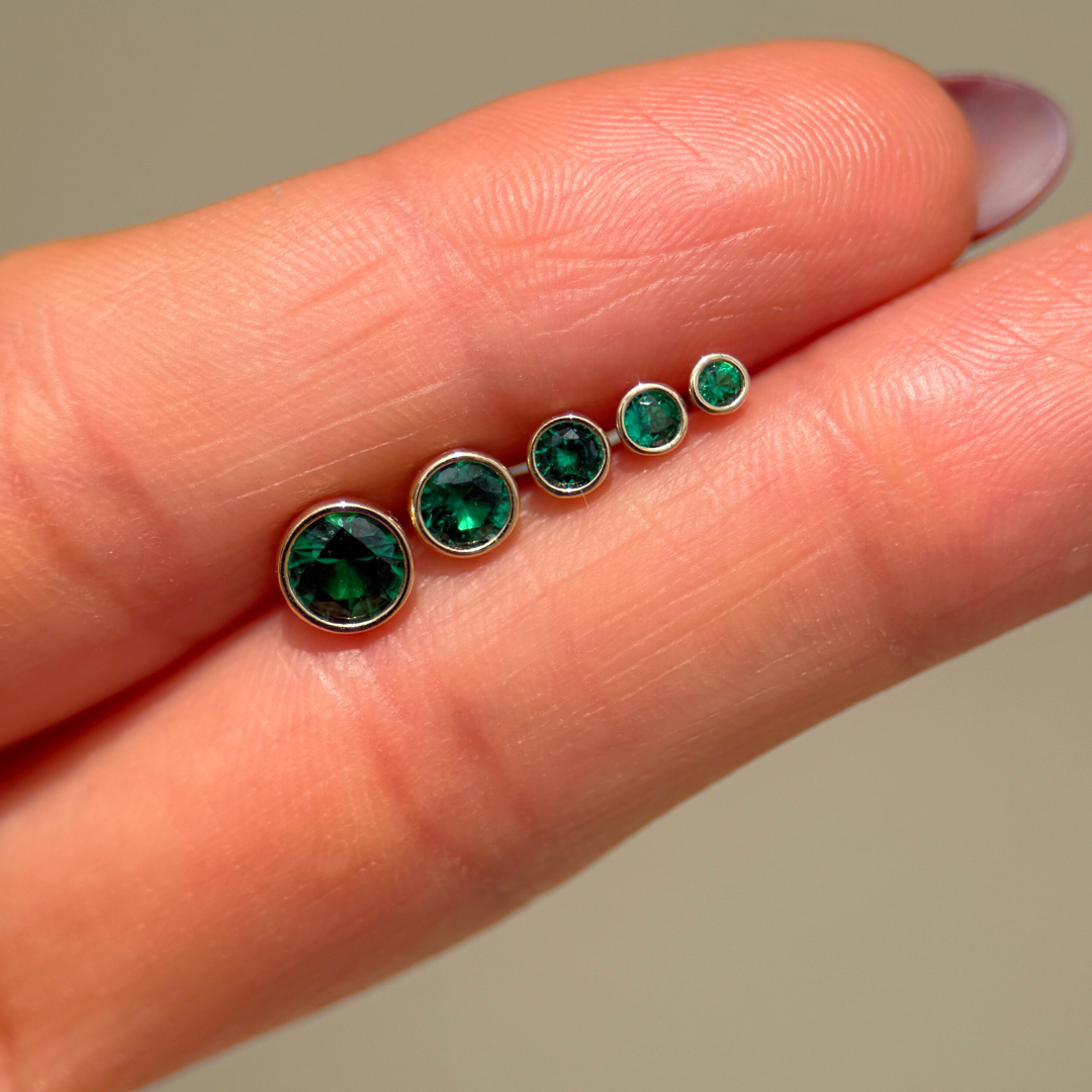Round Emerald Flat Back Stud Bezel Set in Solid 14k Yellow Gold