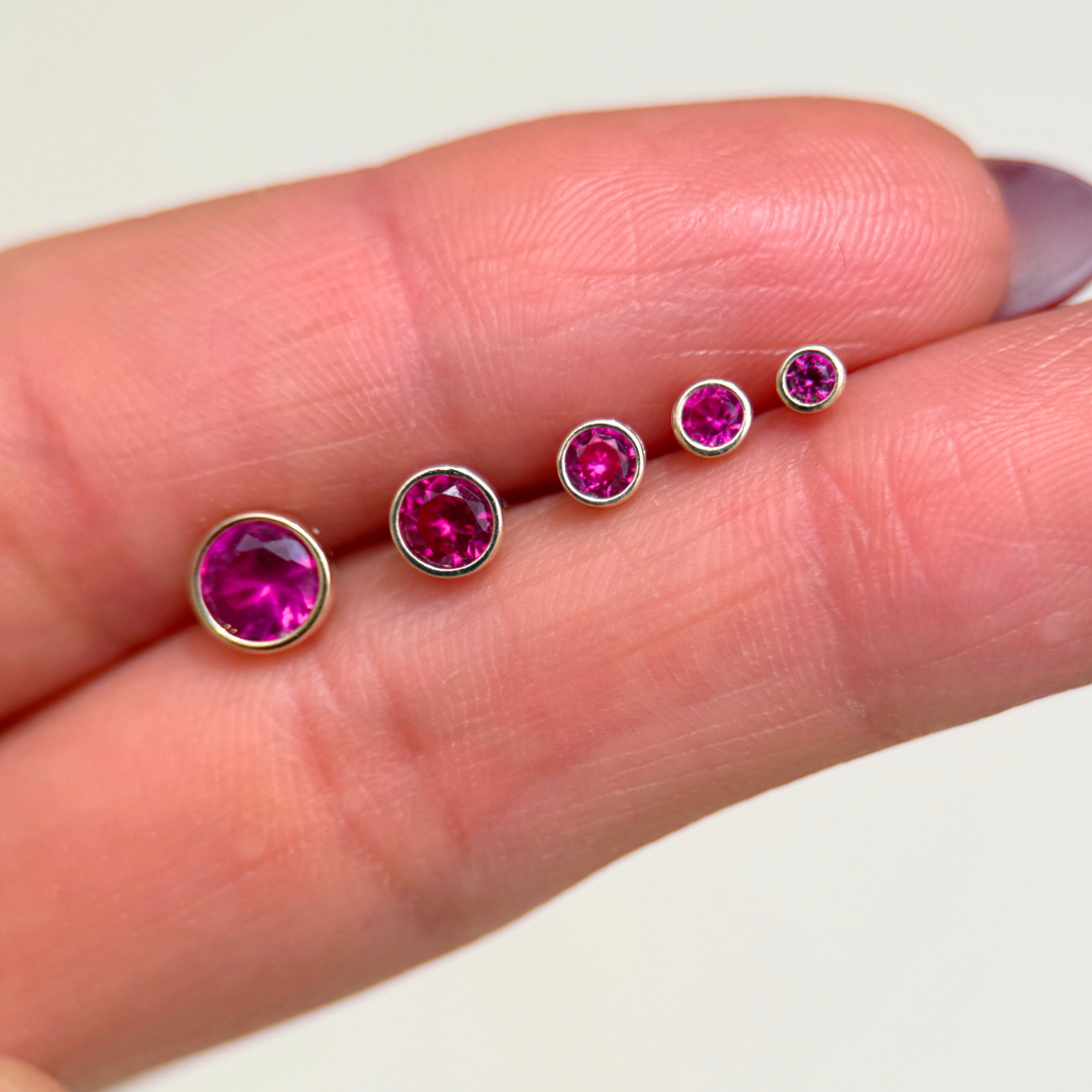 Round Pink Ruby Flat Back Stud Bezel Set in Solid 14k Yellow Gold