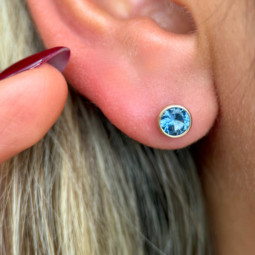 Round Blue Topaz Flat Back Stud Bezel Set in Solid 14k Yellow Gold