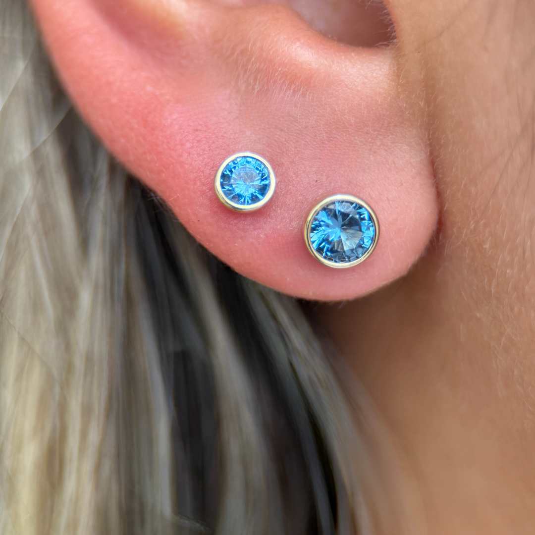 Round Blue Topaz Flat Back Stud Bezel Set in Solid 14k Yellow Gold