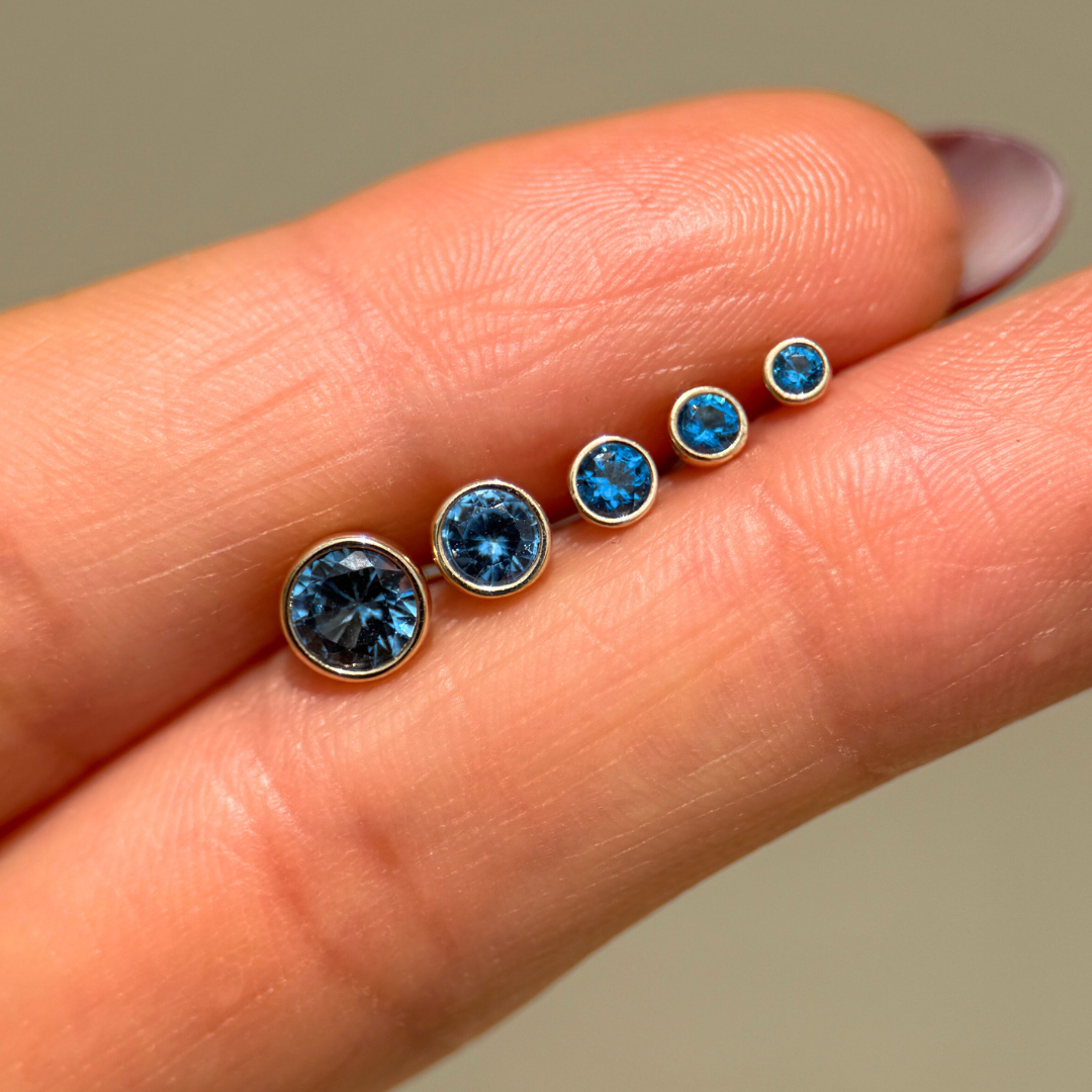 Round Blue Topaz Flat Back Stud Bezel Set in Solid 14k Yellow Gold
