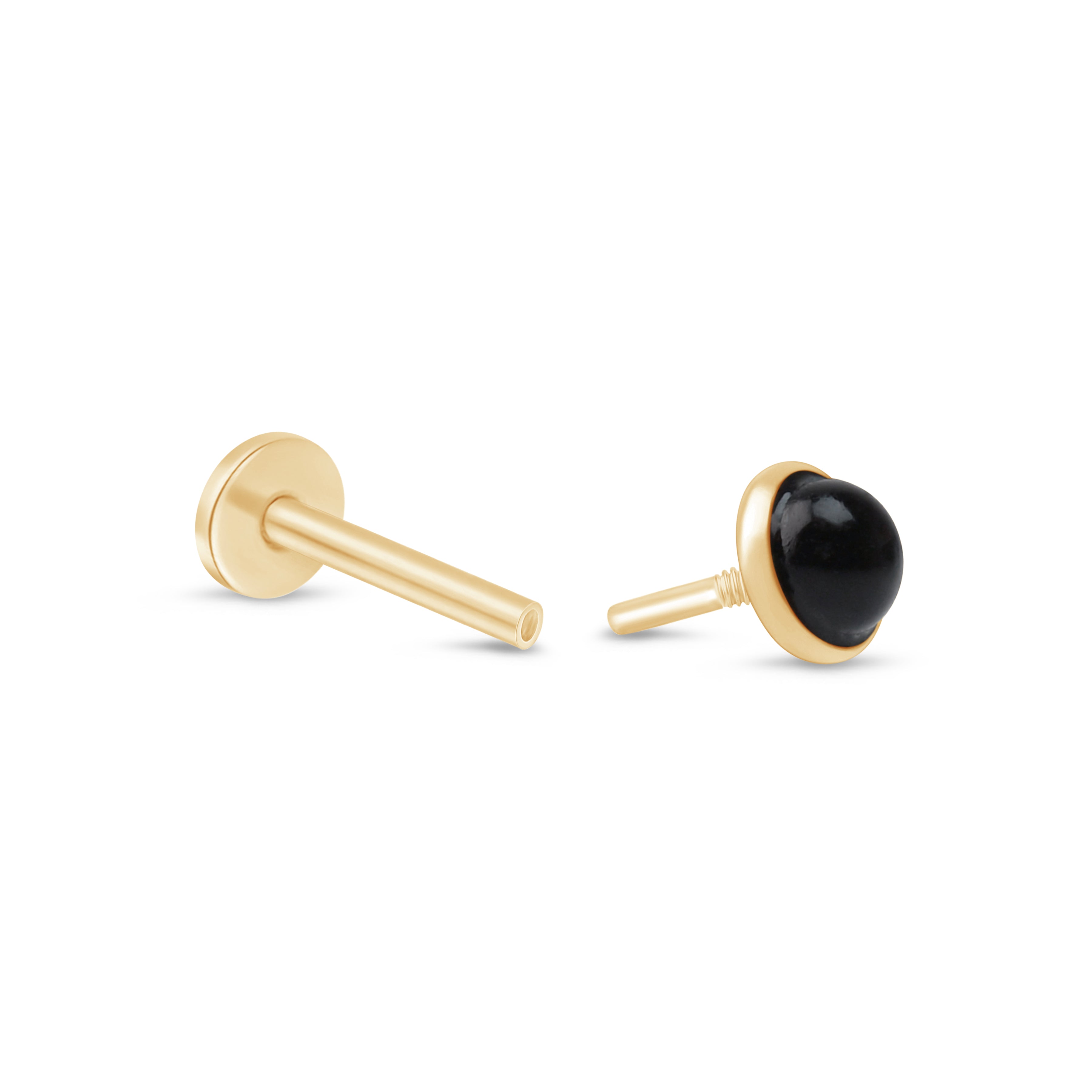 Round Cabochon Black Onyx Flat Back Stud Bezel Set in Solid 14k Yellow Gold