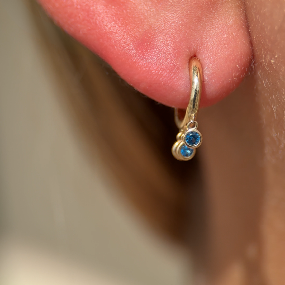 Blue Topaz Charm Hoop in Solid 14k Yellow Gold