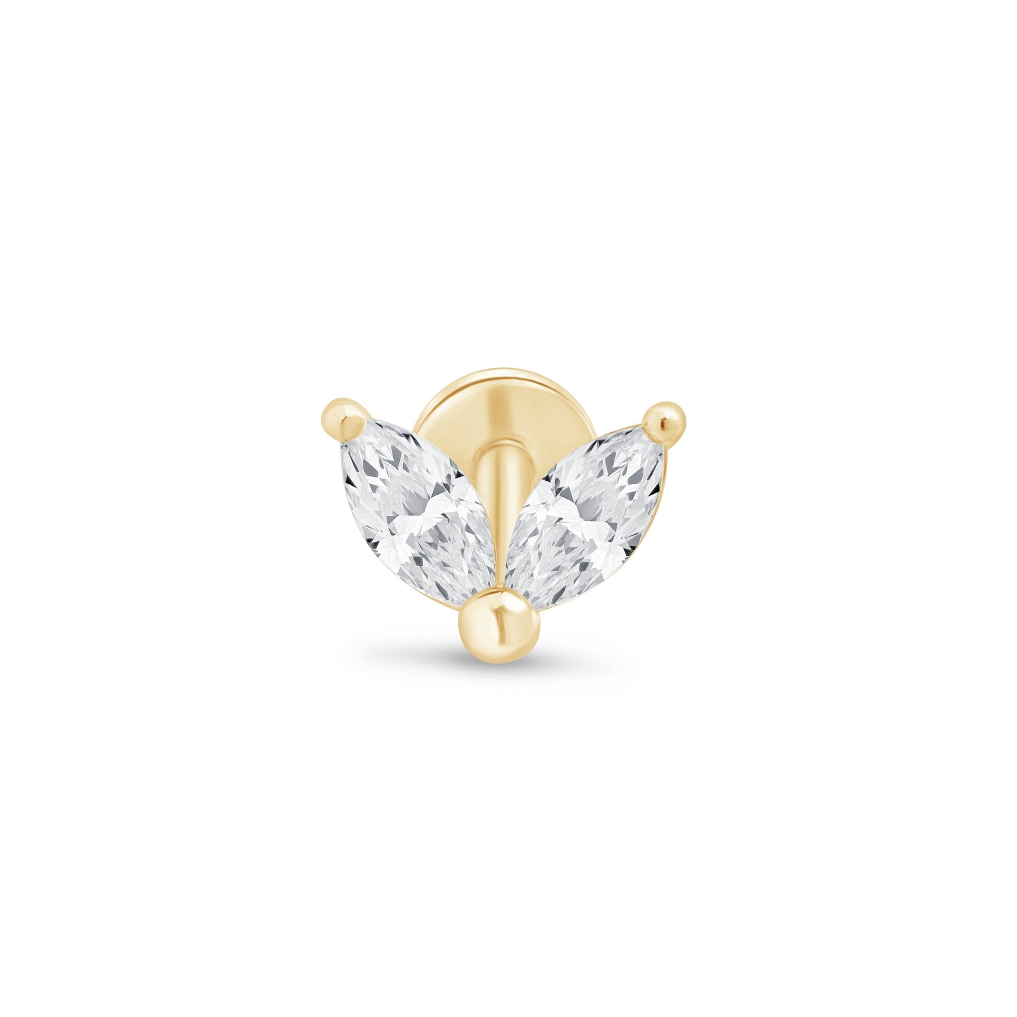 Cubic Zirconia Double Marquise Flat Back Stud in Solid 14k Yellow Gold