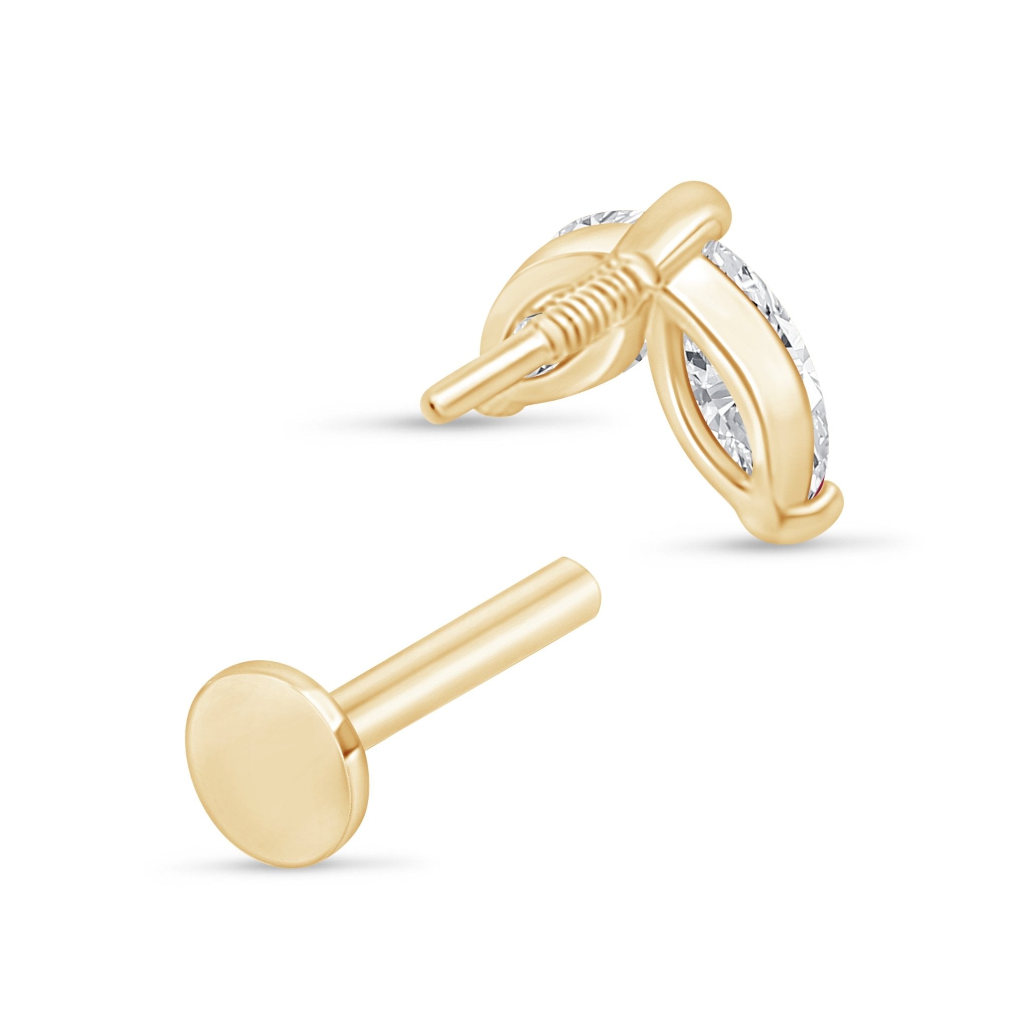 Cubic Zirconia Double Marquise Flat Back Stud in Solid 14k Yellow Gold