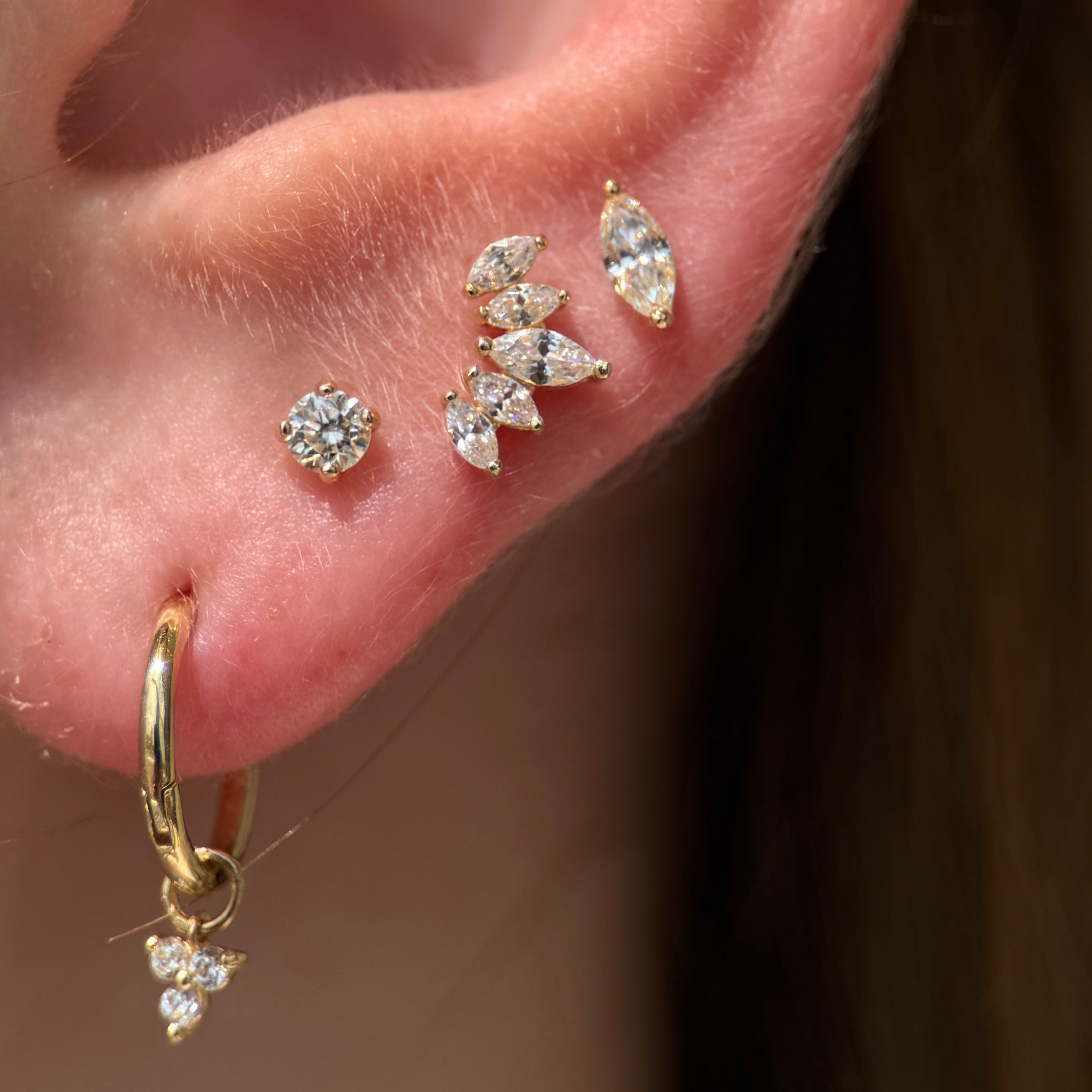 Marquise Cut Five Petal Lotus Flat Back Stud in Solid 14k Yellow Gold
