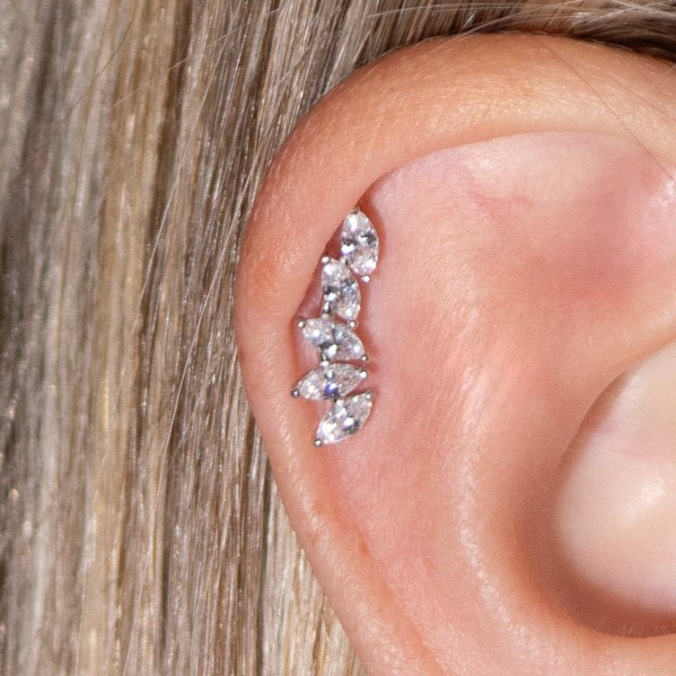Marquise Illusion Ear Climber Flat Back Stud in Solid 14k Yellow Gold