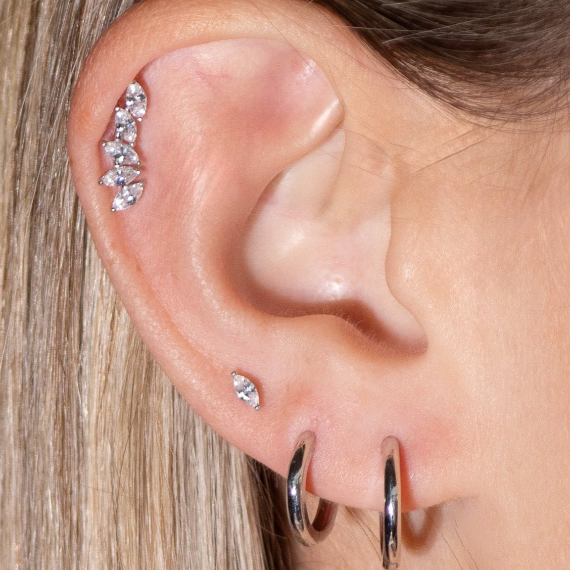 Marquise Illusion Ear Climber Flat Back Stud in Solid 14k Yellow Gold