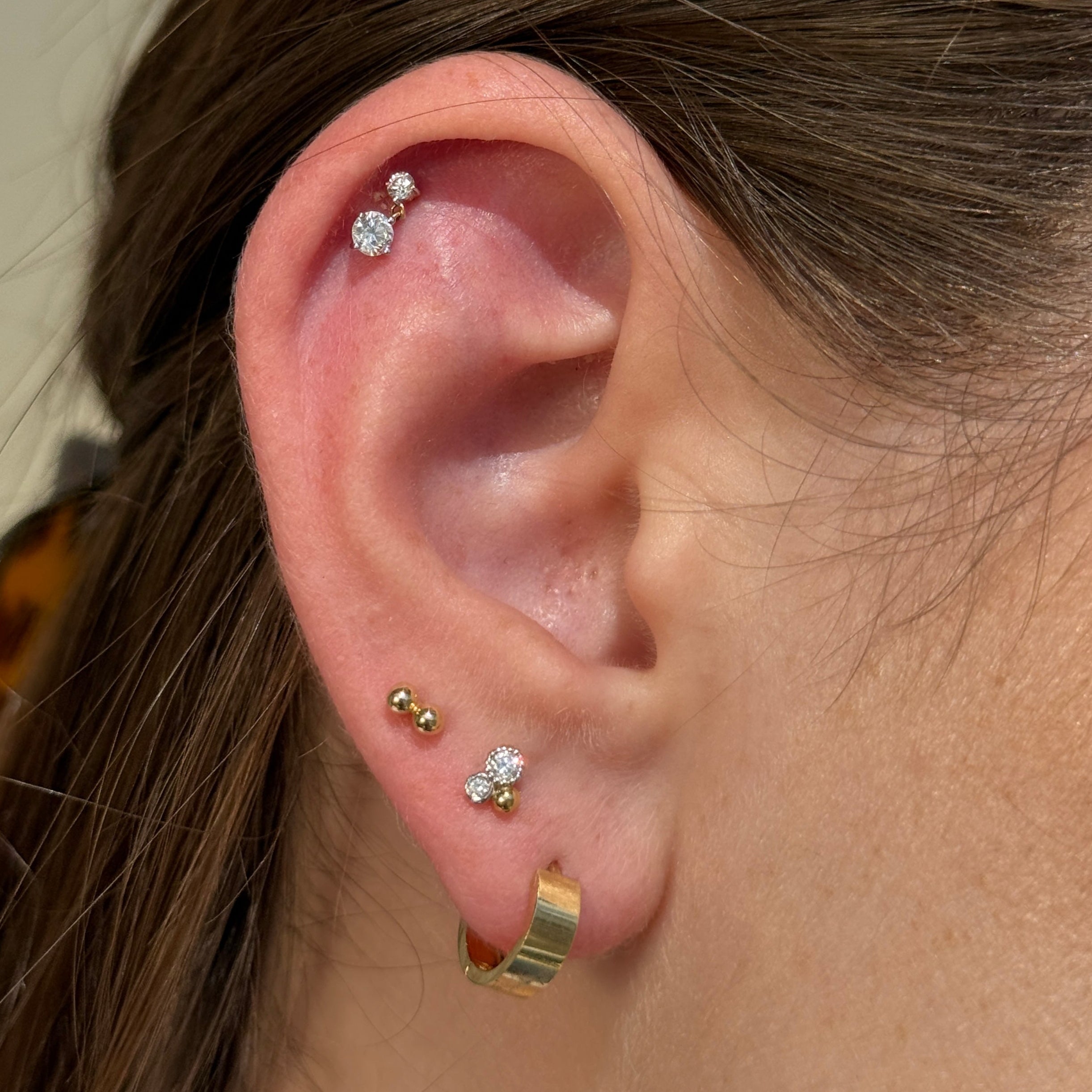Double Diamond Drop Flat Back Stud in Solid 14k Yellow Gold