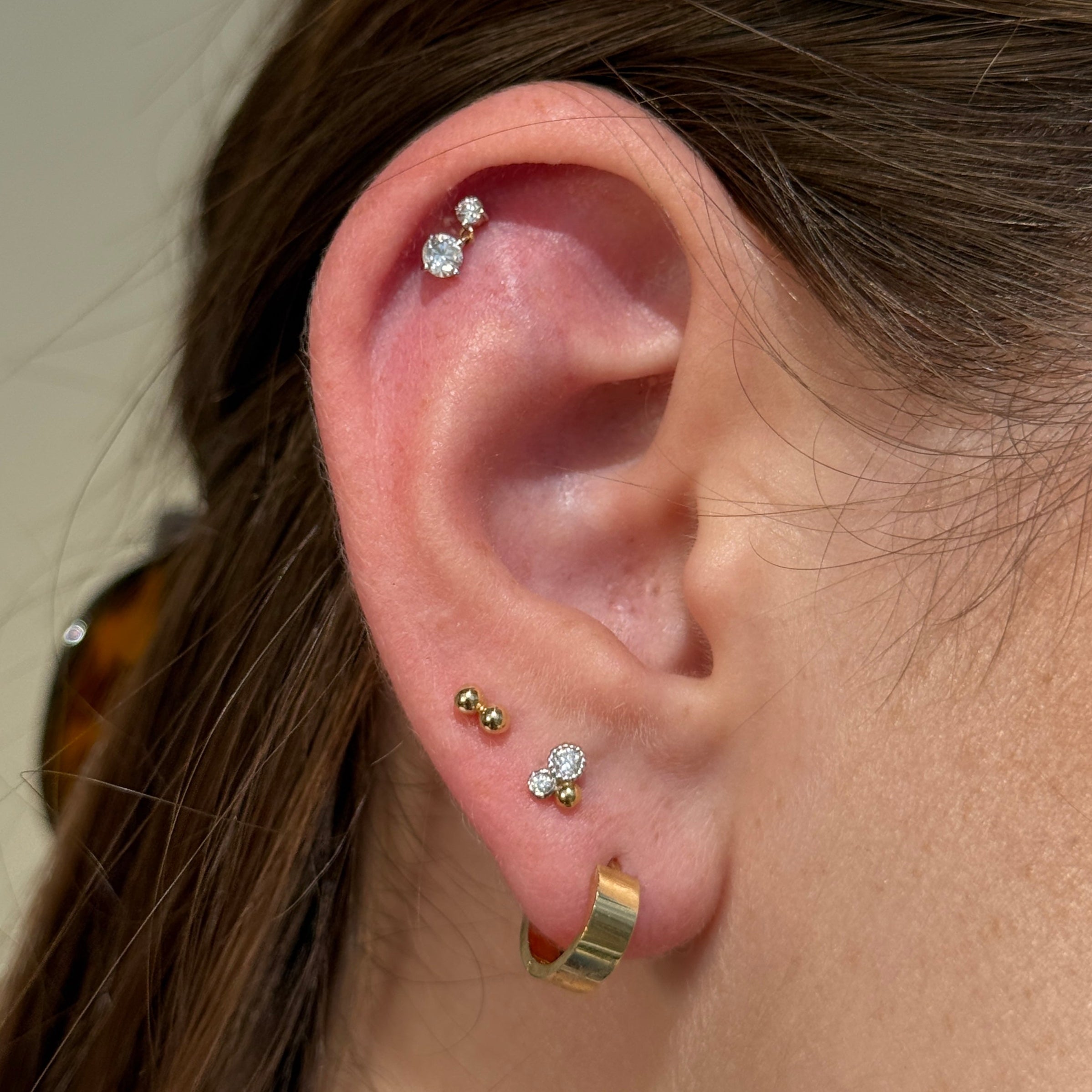 Double Diamond Drop Flat Back Stud in Solid 14k Yellow Gold