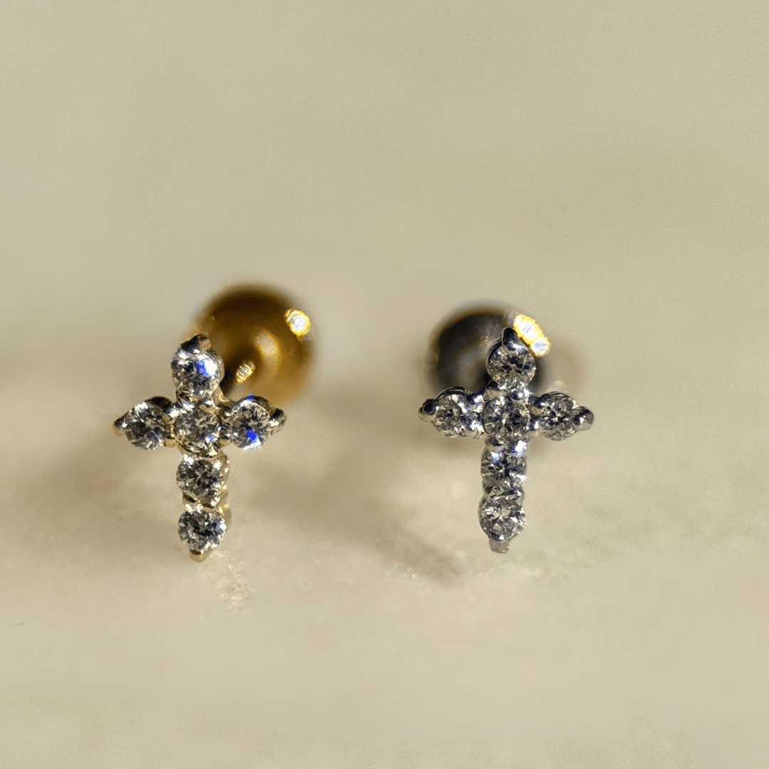 Diamond Pavé Studded Cross Flat Back Stud in Solid 14k White Gold