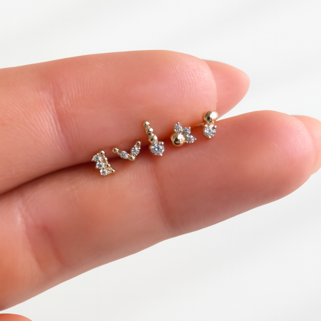 Solid 14k White Gold Round CZ Beaded Earring