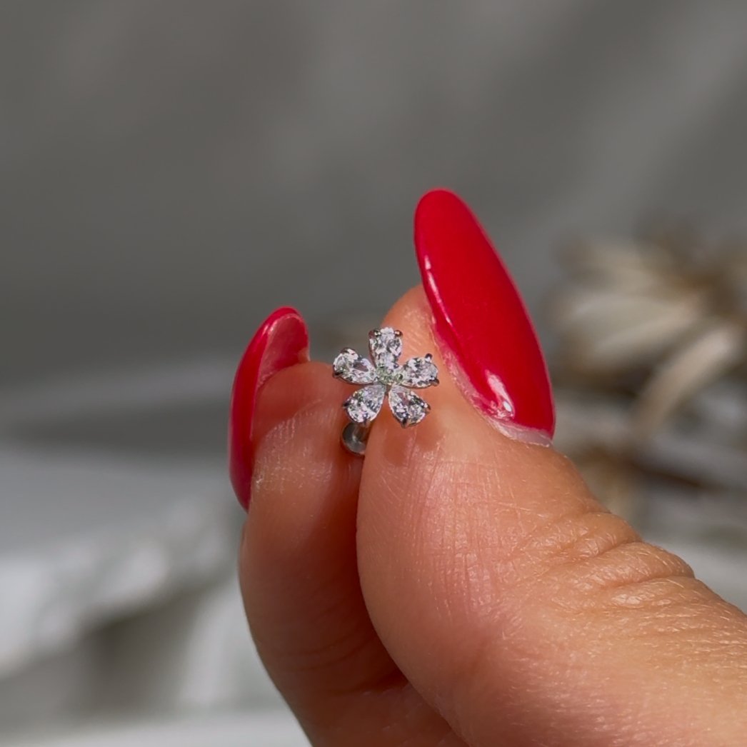 Blooming Flower Flat Back Stud in Solid 14k White Gold