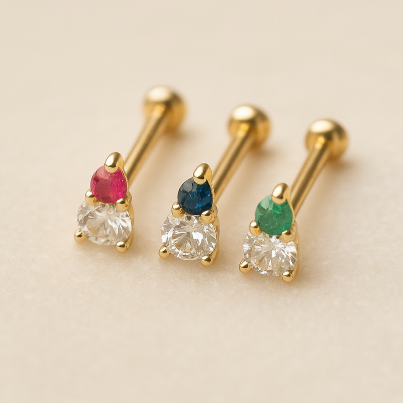 Diamond and Ruby Flat Back Stud in Solid 14k Yellow Gold