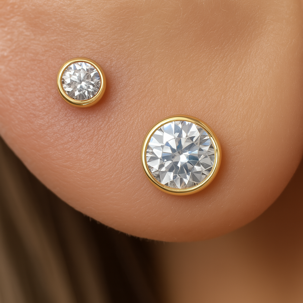 Natural Diamond Flat Back Stud Bezel Set in Solid 14k White Gold