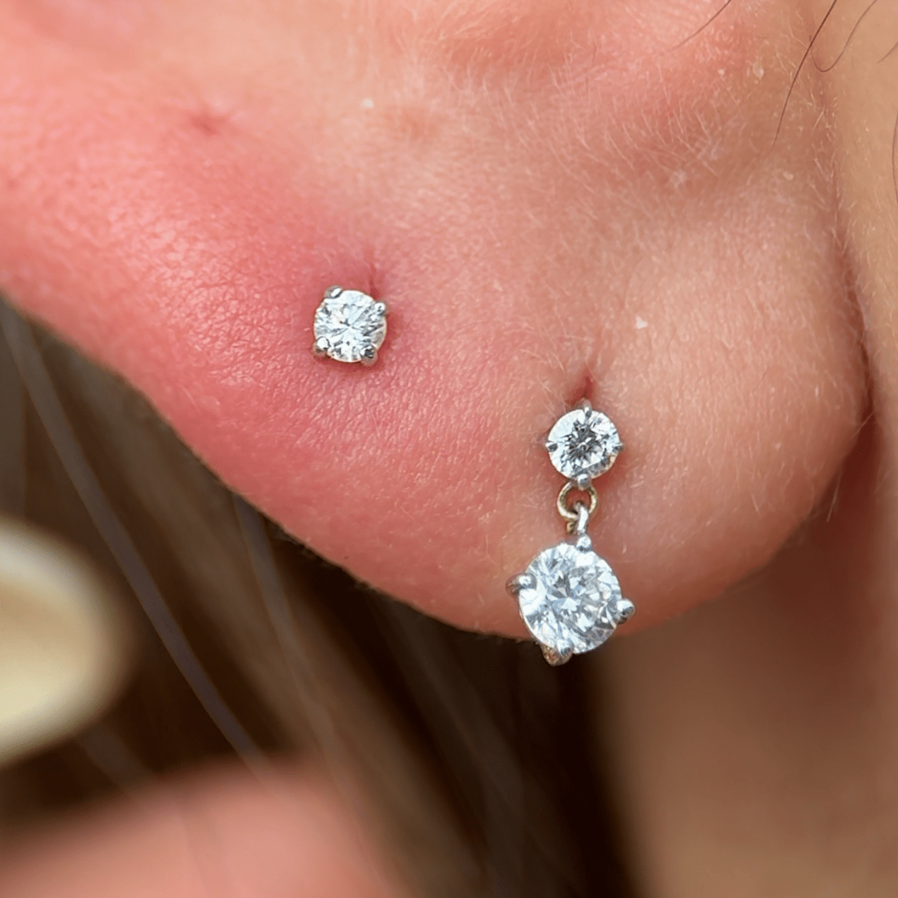 Double Diamond Drop Flat Back Stud in Solid 14k Yellow Gold