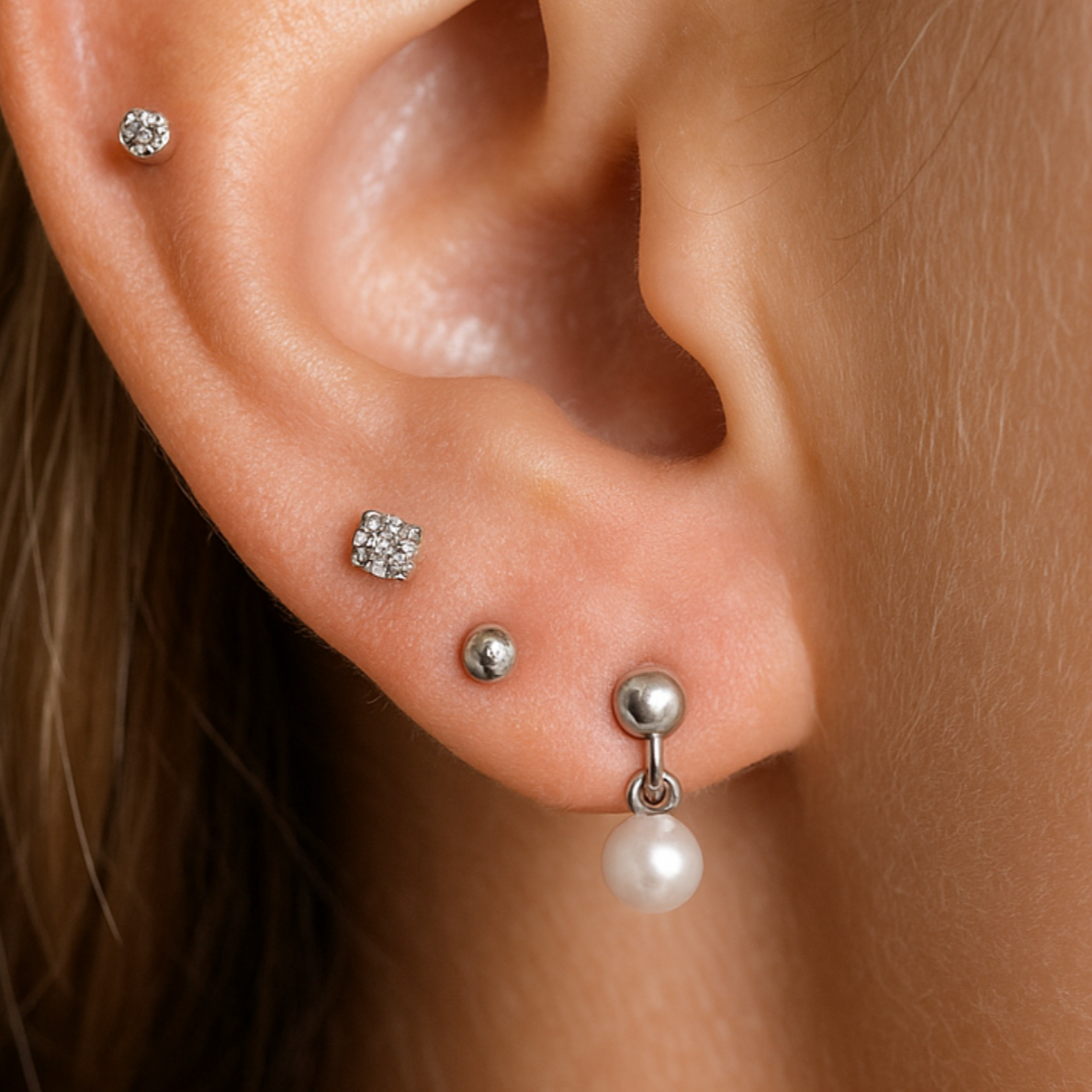 Diamond Threaded Flat Back Stud in Solid 14k White Gold
