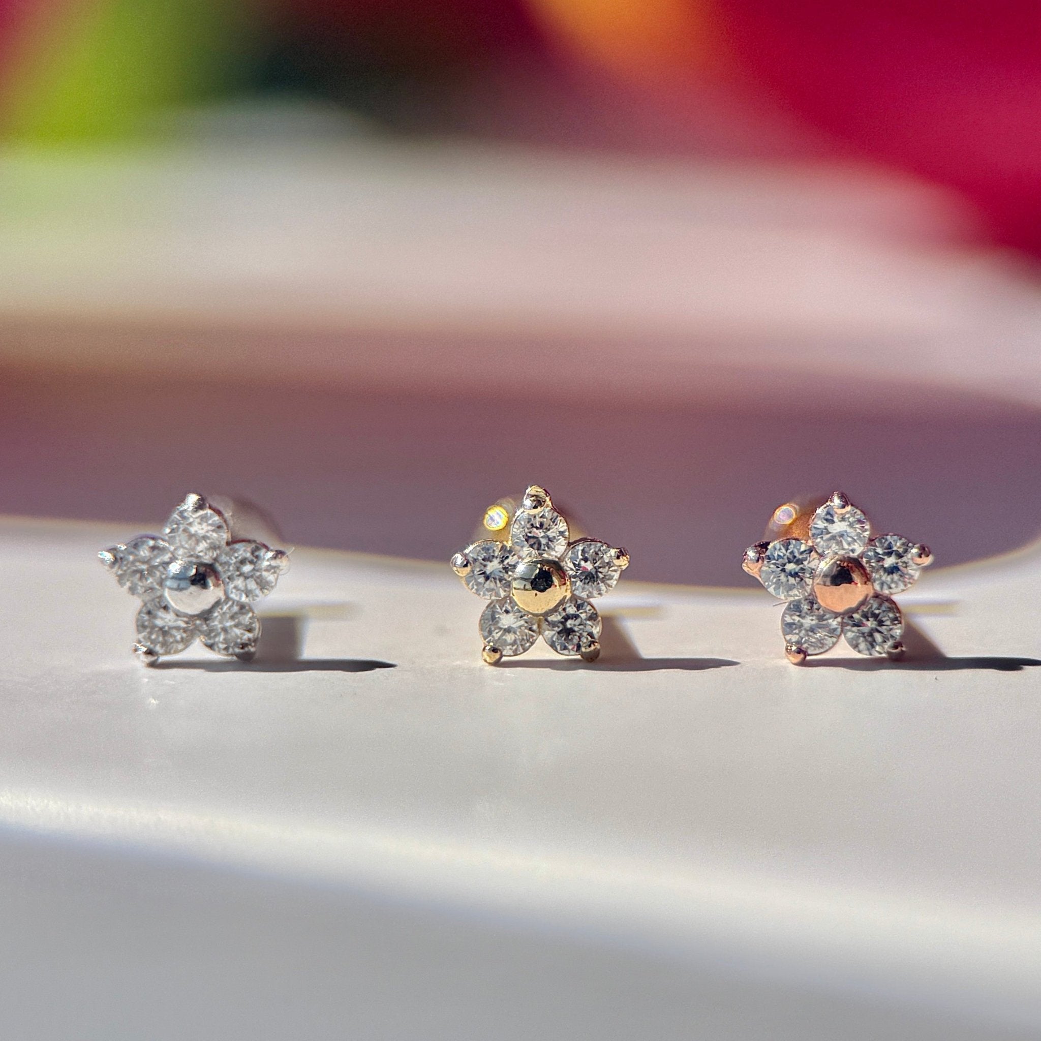 Diamond Flower Flat Back Stud in in Solid 14k White Gold