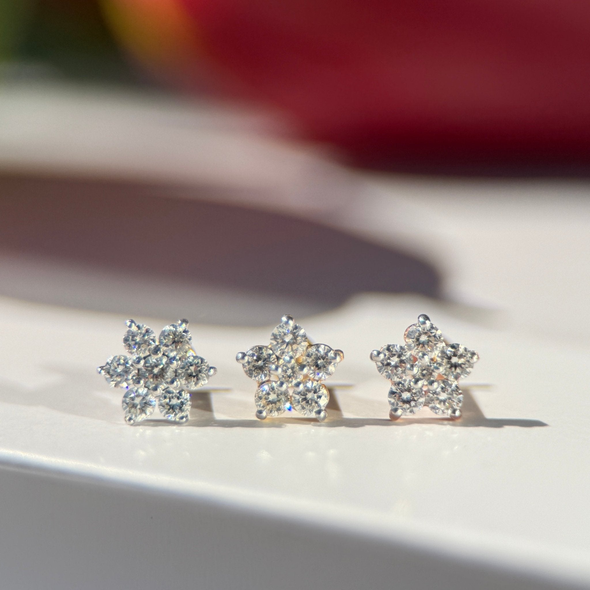 Diamond Flower Flat Back Stud in Solid 14k Yellow Gold