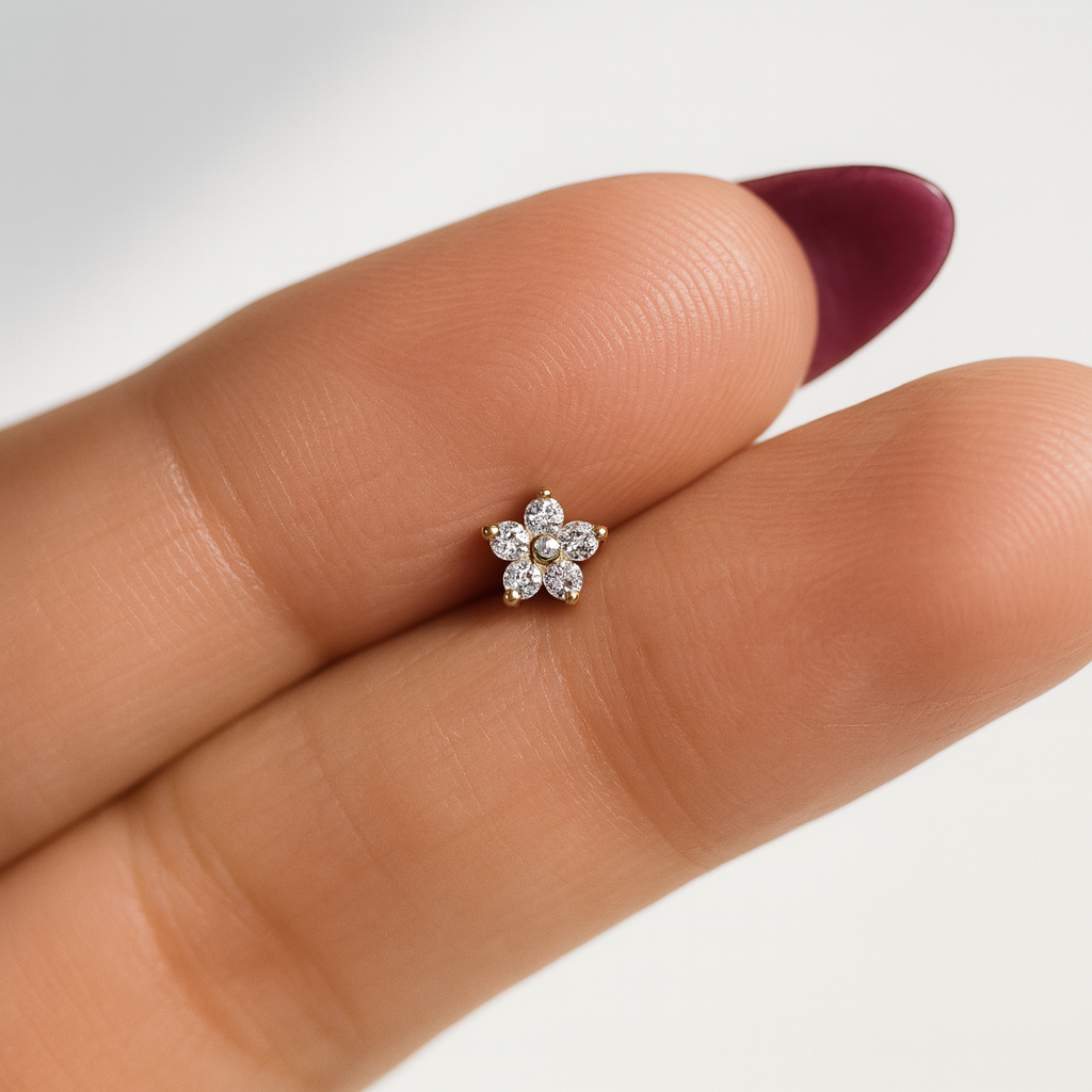 Yellow Gold Diamond Flower Flat Back Stud Earring