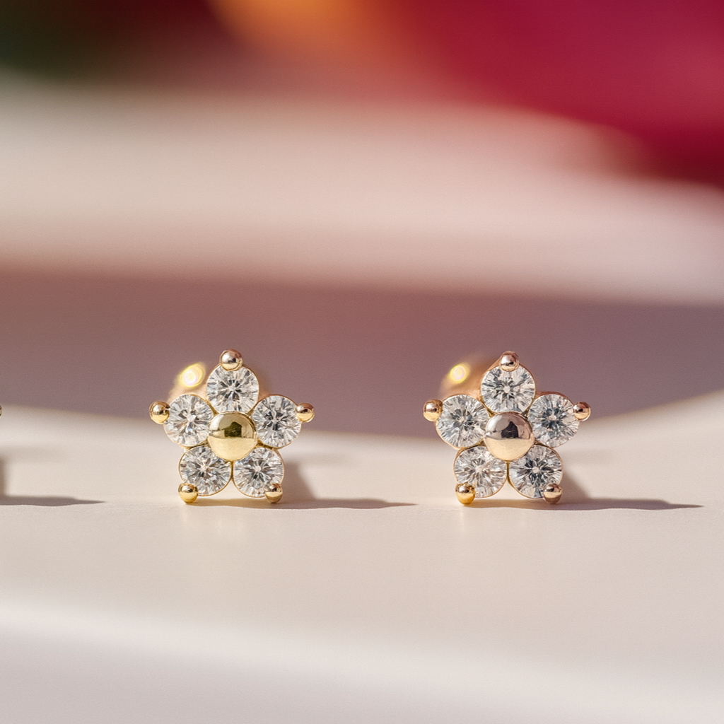 Rose Gold Five Diamond Flower Flat Back Earring