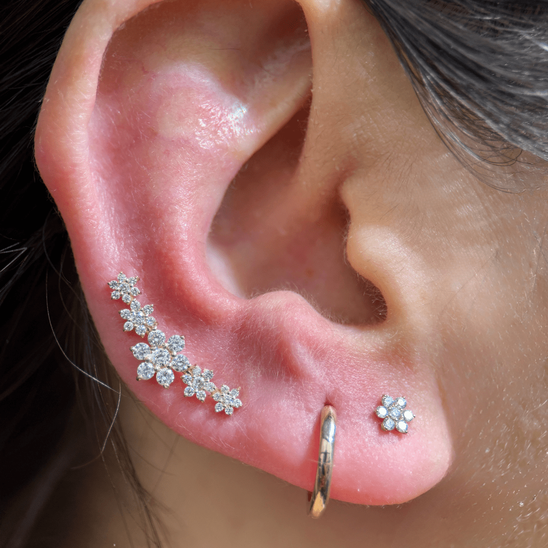 Diamond Flower Flat Back Stud in Solid 14k Yellow Gold