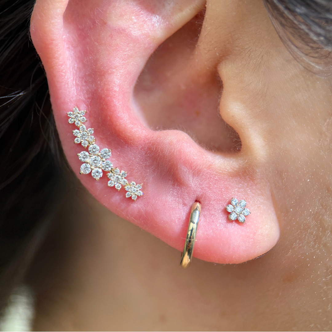 Yellow Gold Seven Diamond Flower Flat Back Earring
