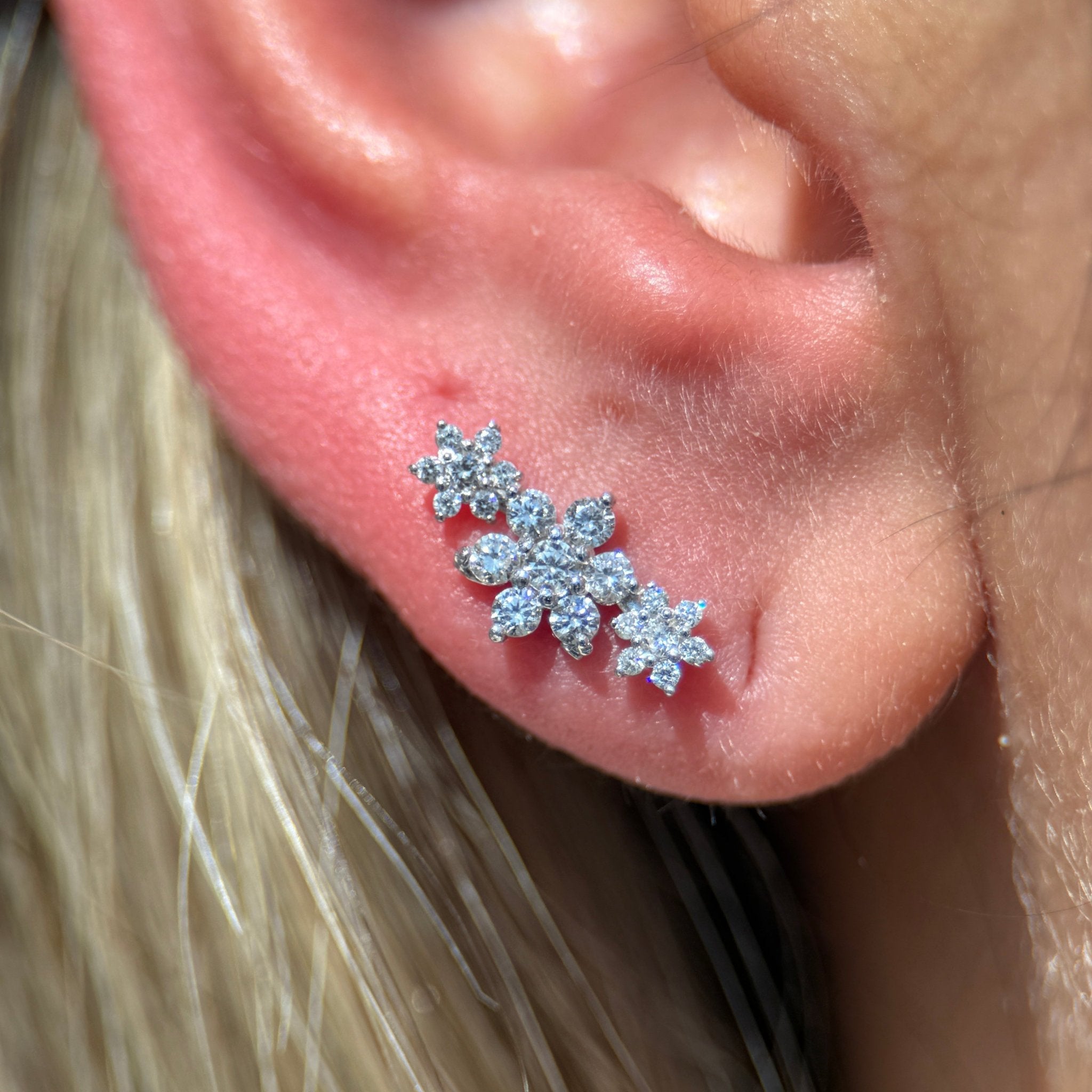 Diamond Three Flower Garland Flat Back Stud in Solid 14k Rose Gold