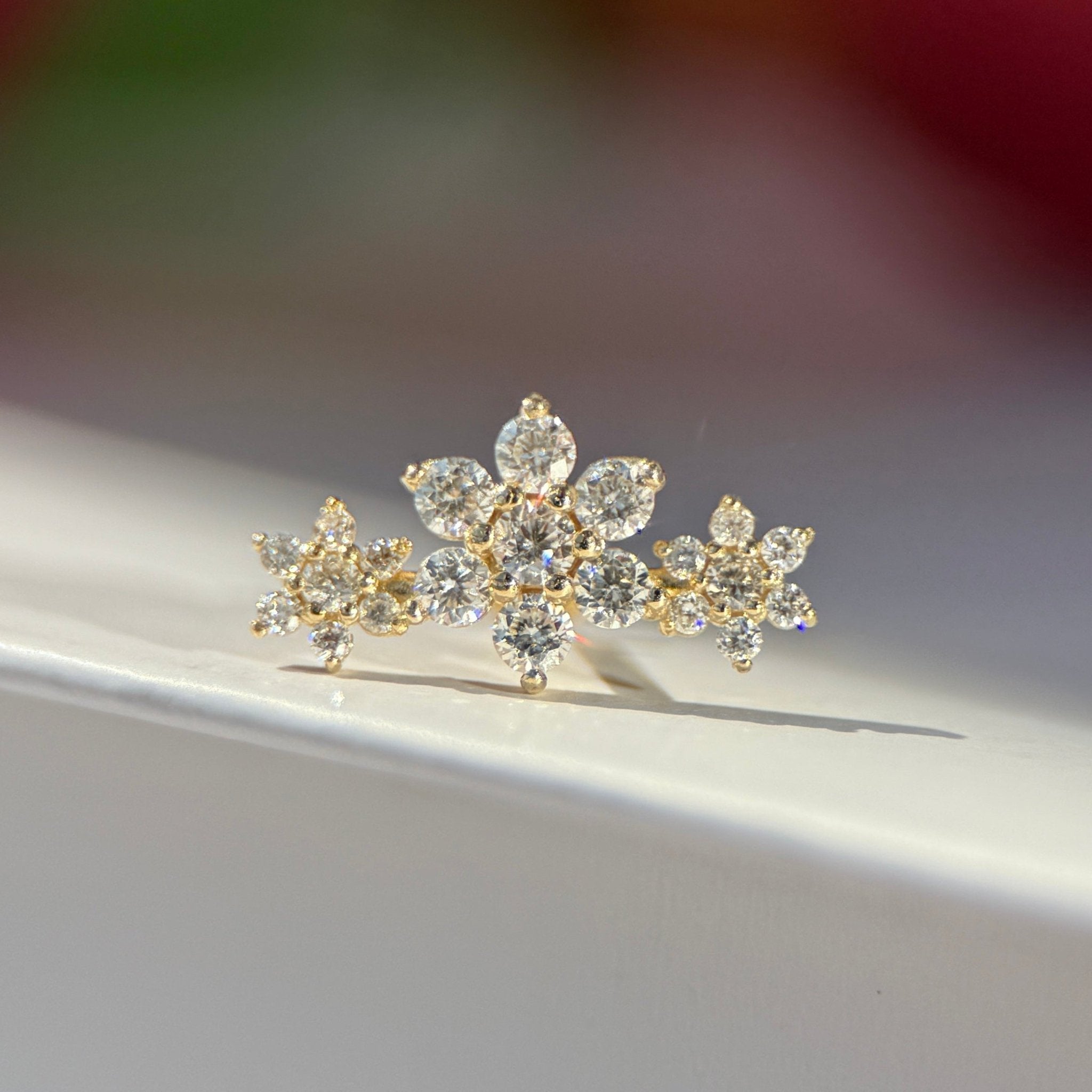 Diamond Three Flower Garland Flat Back Stud in Solid 14k White Gold