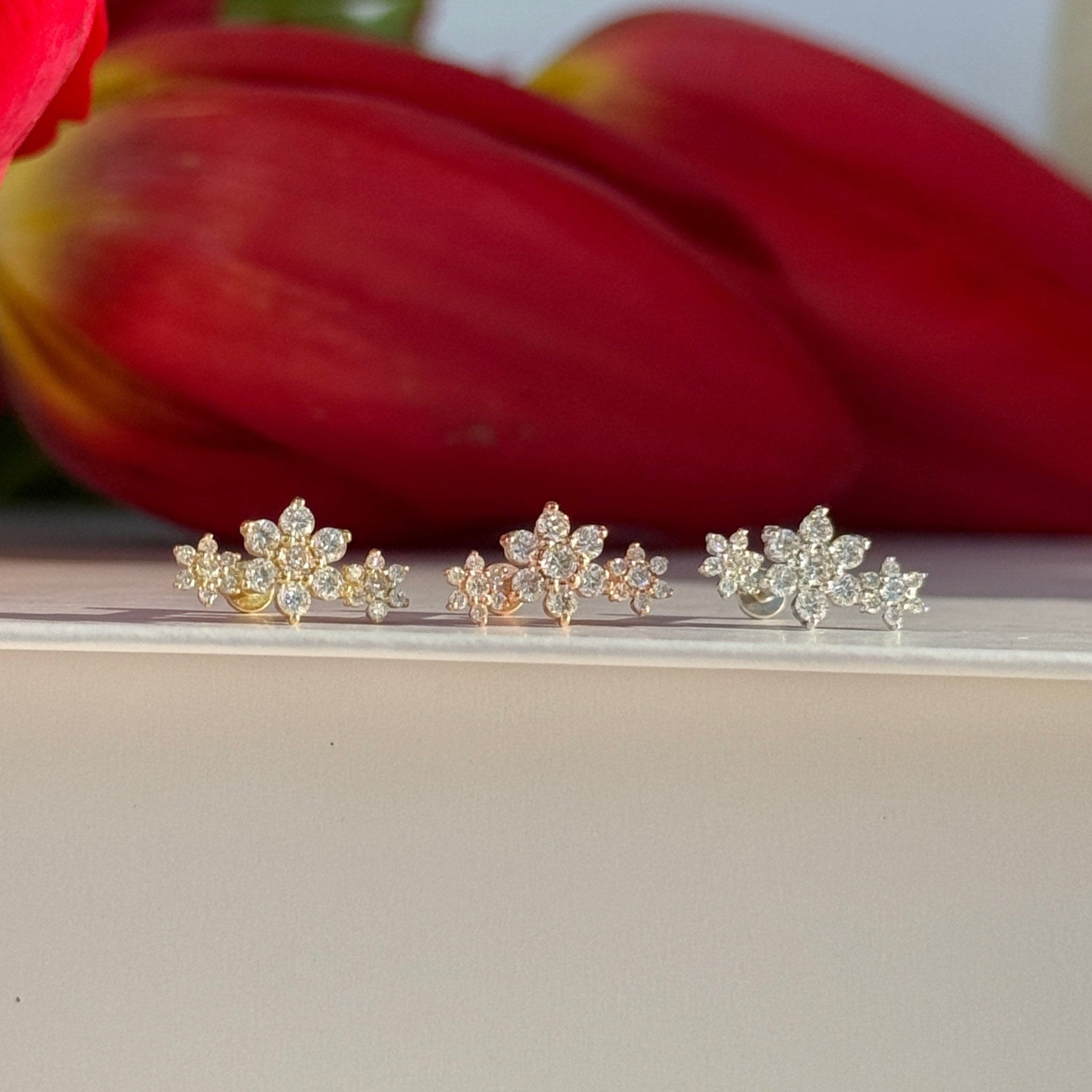 Diamond Three Flower Garland Flat Back Stud in Solid 14k White Gold