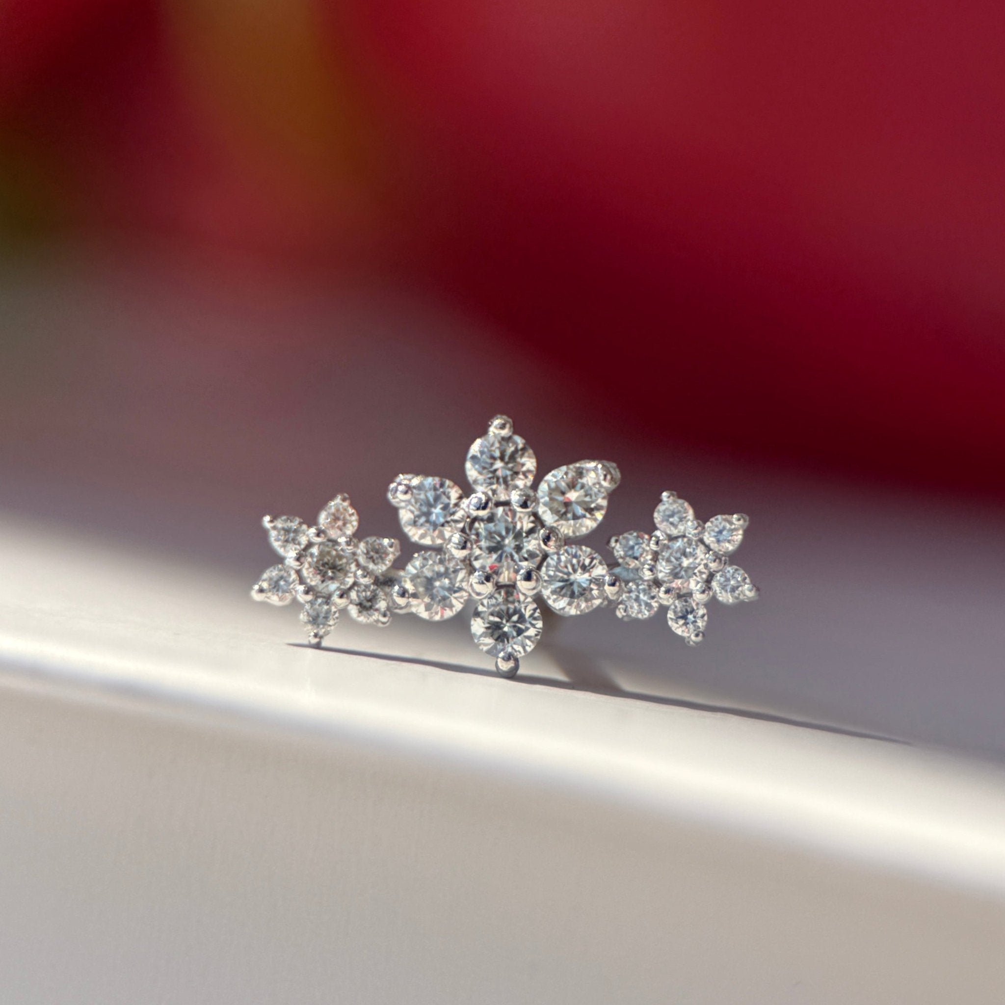 Diamond Three Flower Garland Flat Back Stud in Solid 14k White Gold