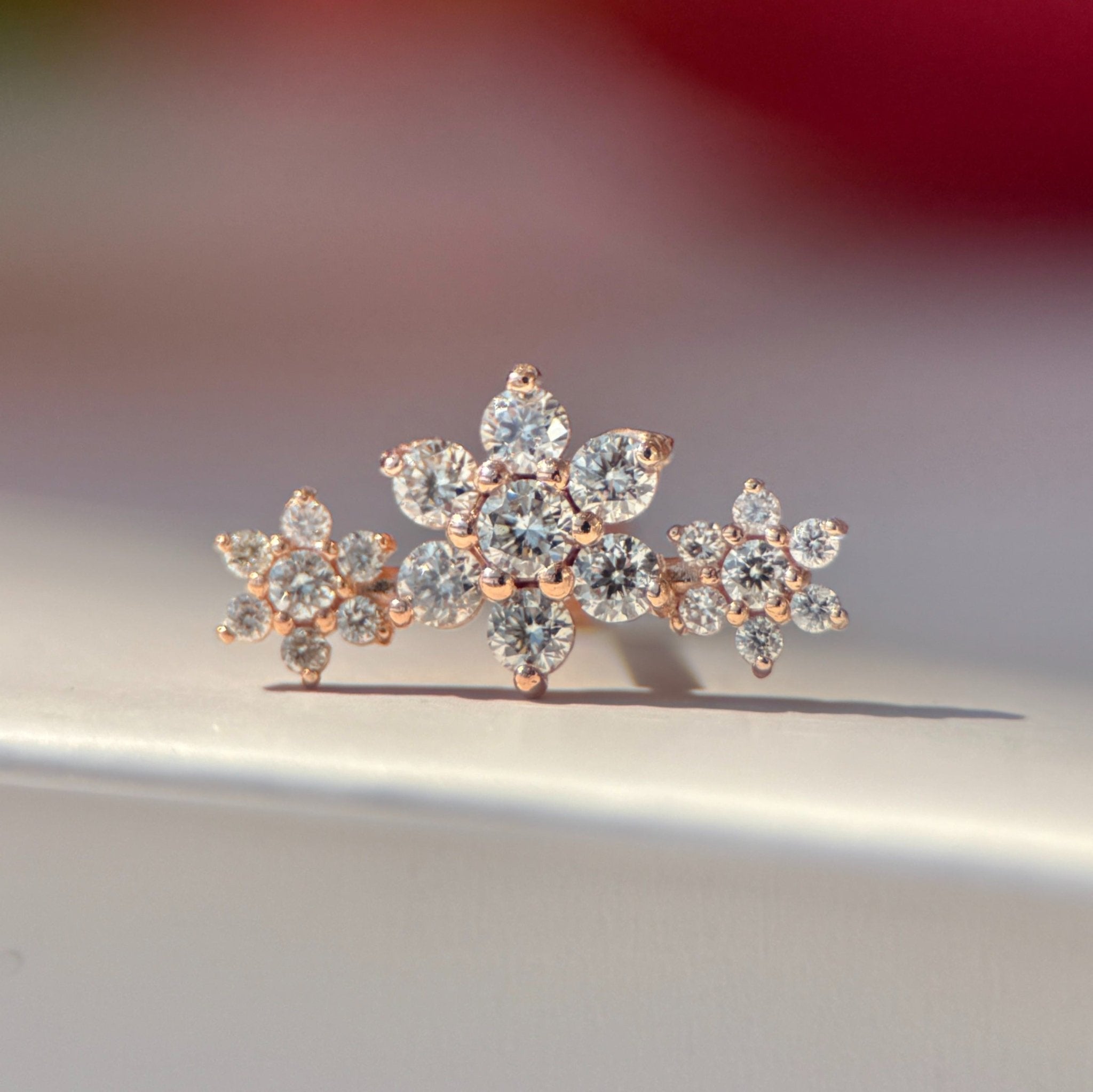 Diamond Three Flower Garland Flat Back Stud in Solid 14k White Gold