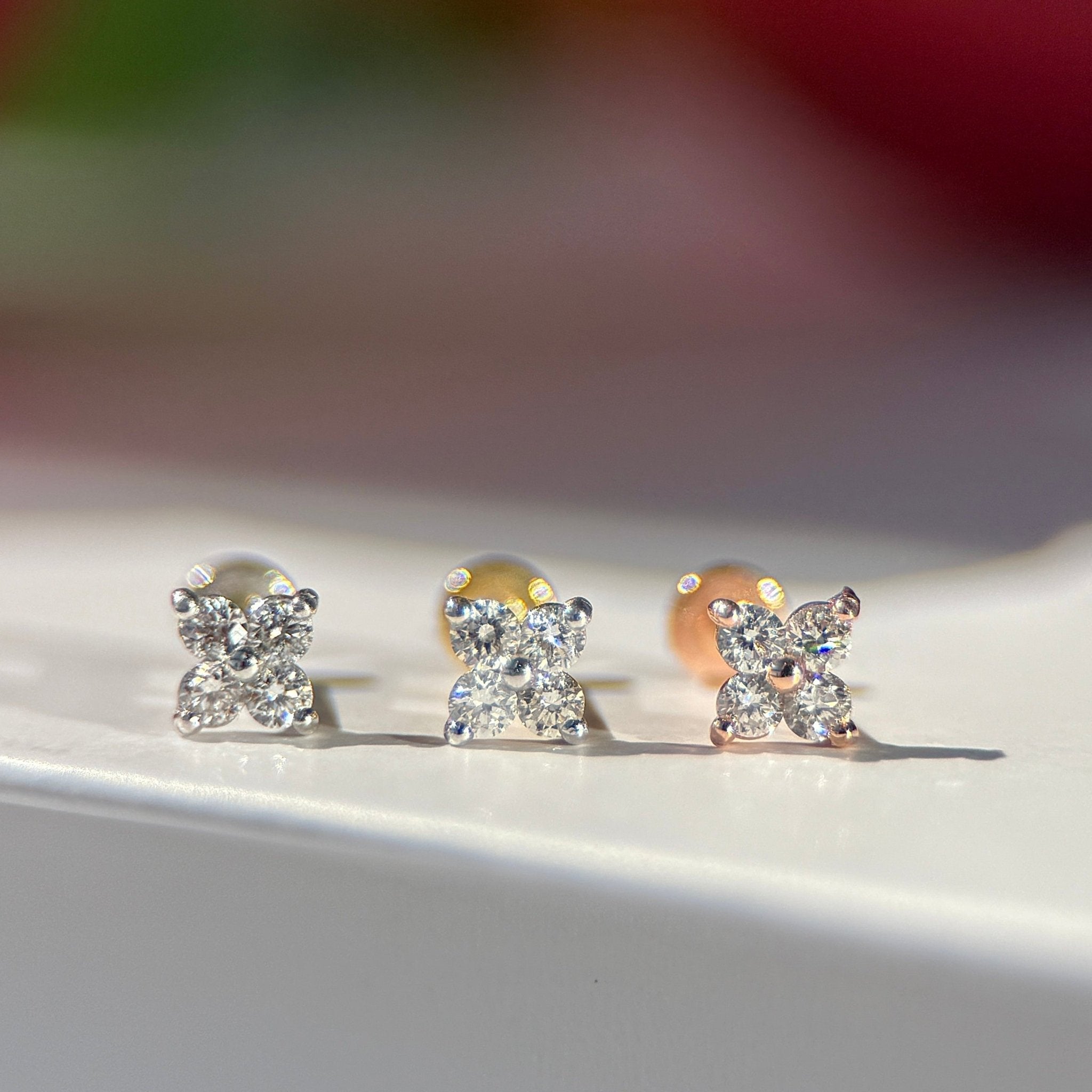 Diamond Four Petal Flower Flat Back Stud in Solid 14k White Gold