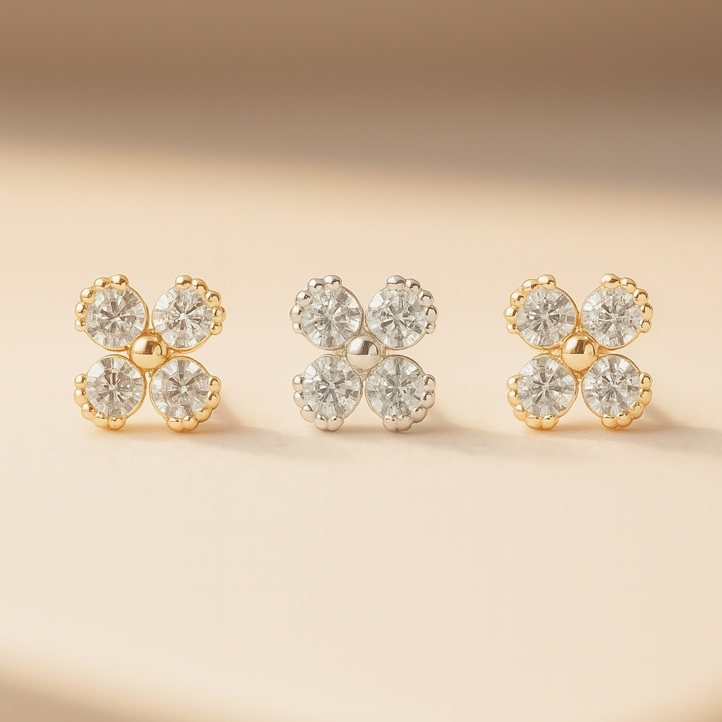 Beaded Diamond Four Petal Flower Flat Back Stud in Solid 14k Yellow Gold