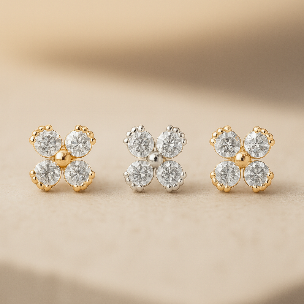 Beaded Diamond Four Petal Flower Flat Back Stud in Solid 14k Yellow Gold