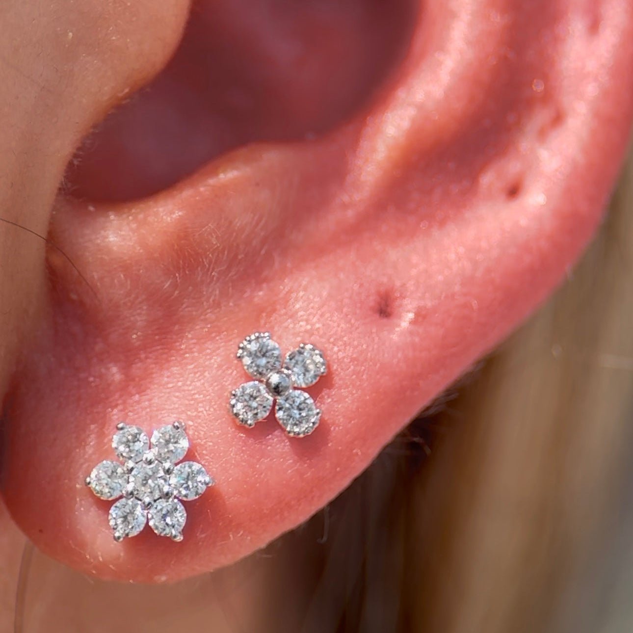 Beaded Diamond Four Petal Flower Flat Back Stud in Solid 14k Rose Gold