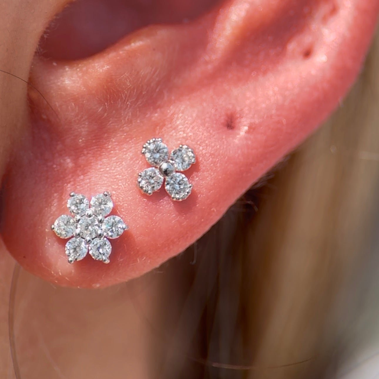 Diamond Flower Flat Back Stud in Solid 14k Yellow Gold