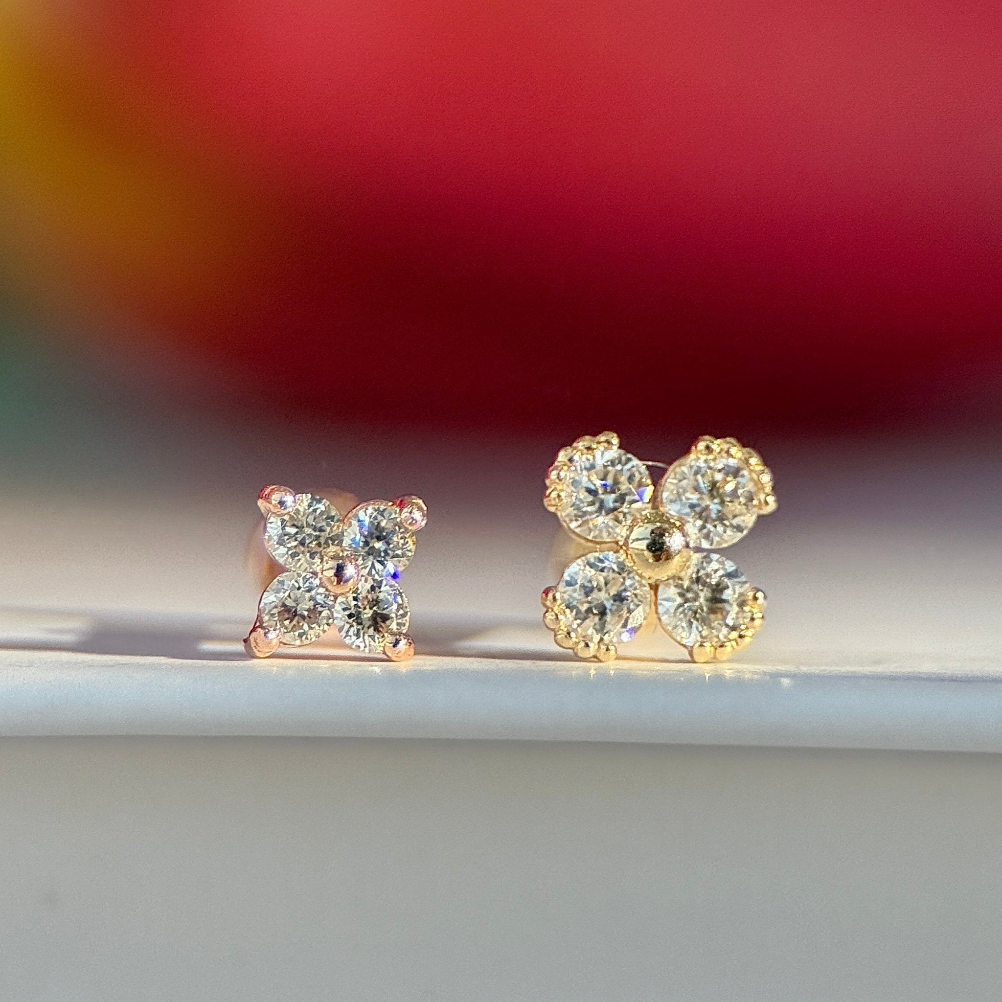 Diamond Four Petal Flower Flat Back Stud in Solid 14k White Gold