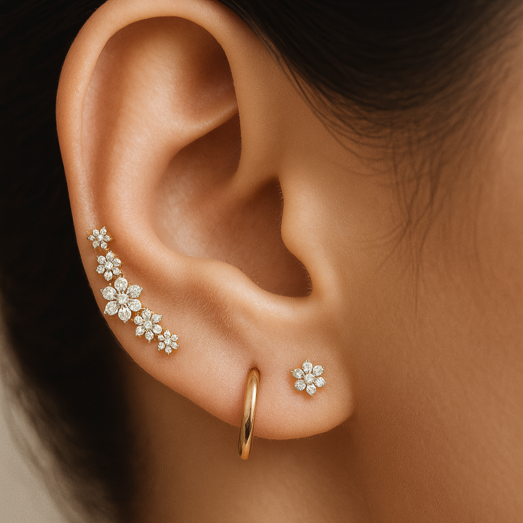 Five Flower Diamond Garland Flat Back Stud in Solid 14k Yellow Gold