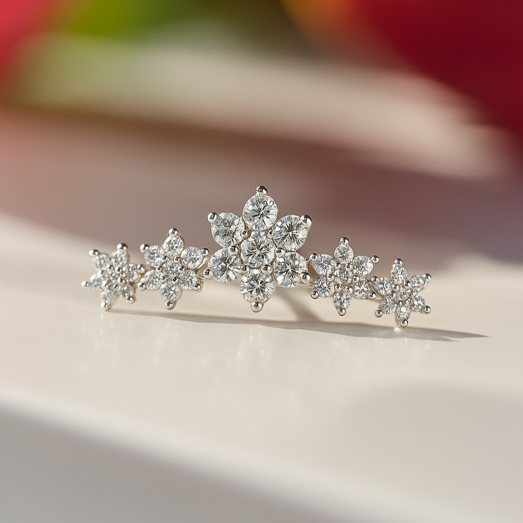 Five Flower Diamond Garland Flat Back Stud in Solid 14k Yellow Gold