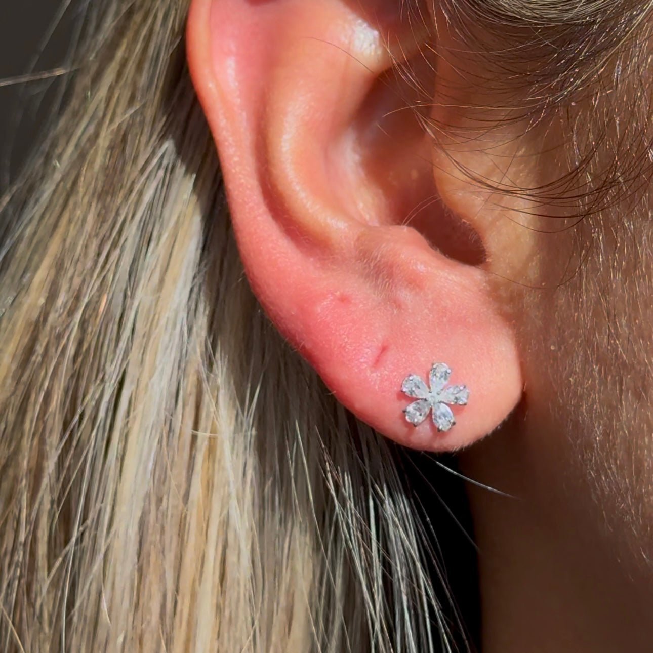 Blooming Flower Flat Back Stud in Solid 14k White Gold
