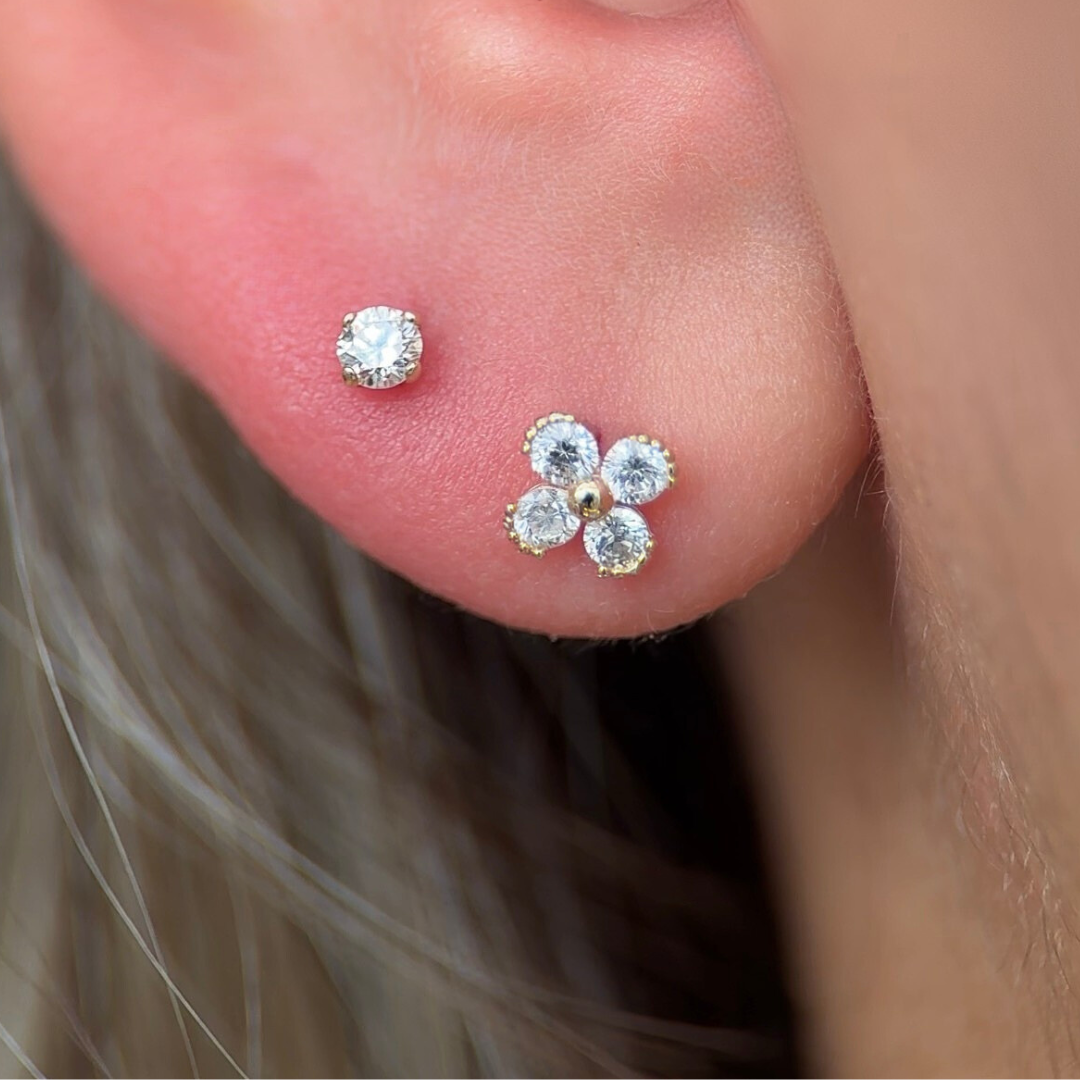 Diamond Threaded Flat Back Stud in Solid 14k White Gold