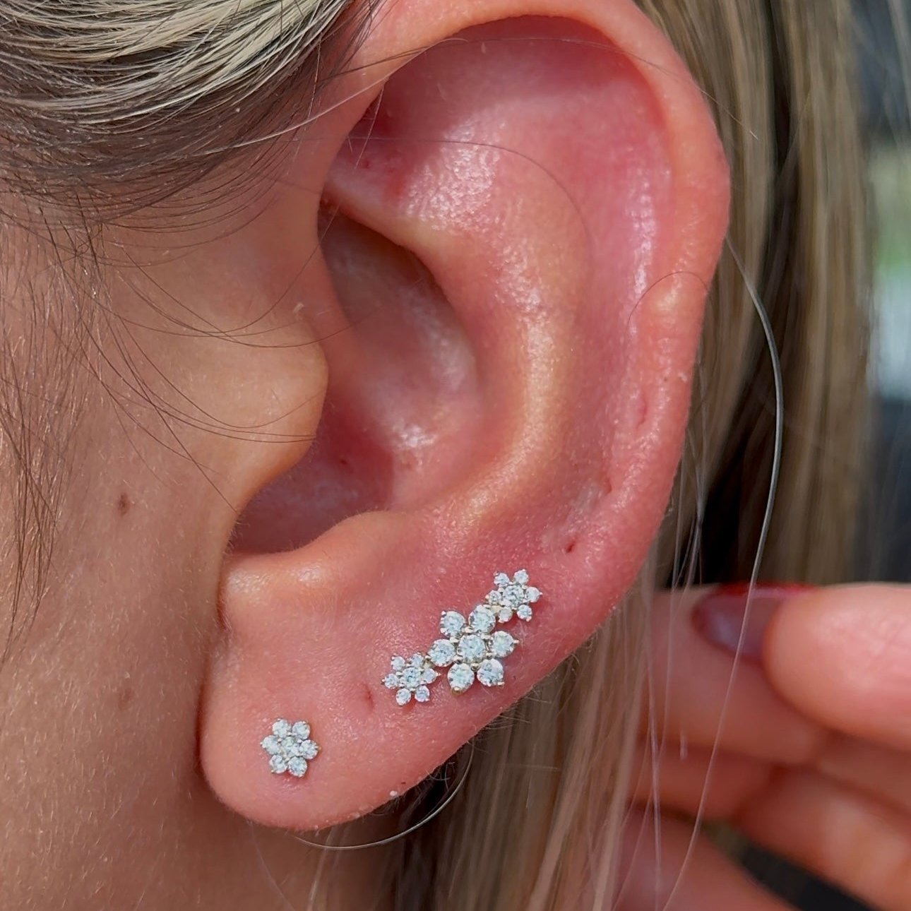 Diamond Three Flower Garland Flat Back Stud in Solid 14k Rose Gold