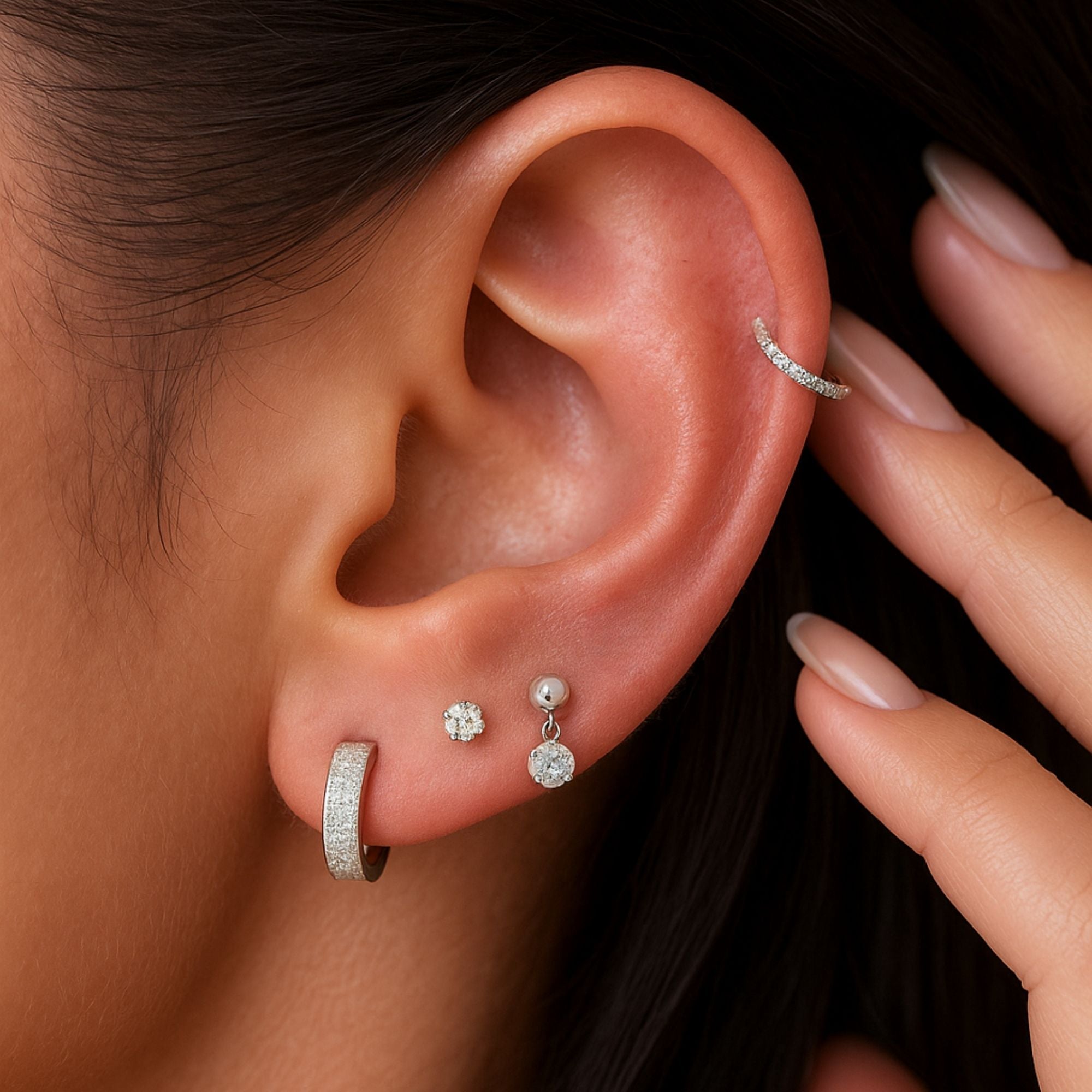 Diamond Threaded Flat Back Stud in Solid 14k White Gold