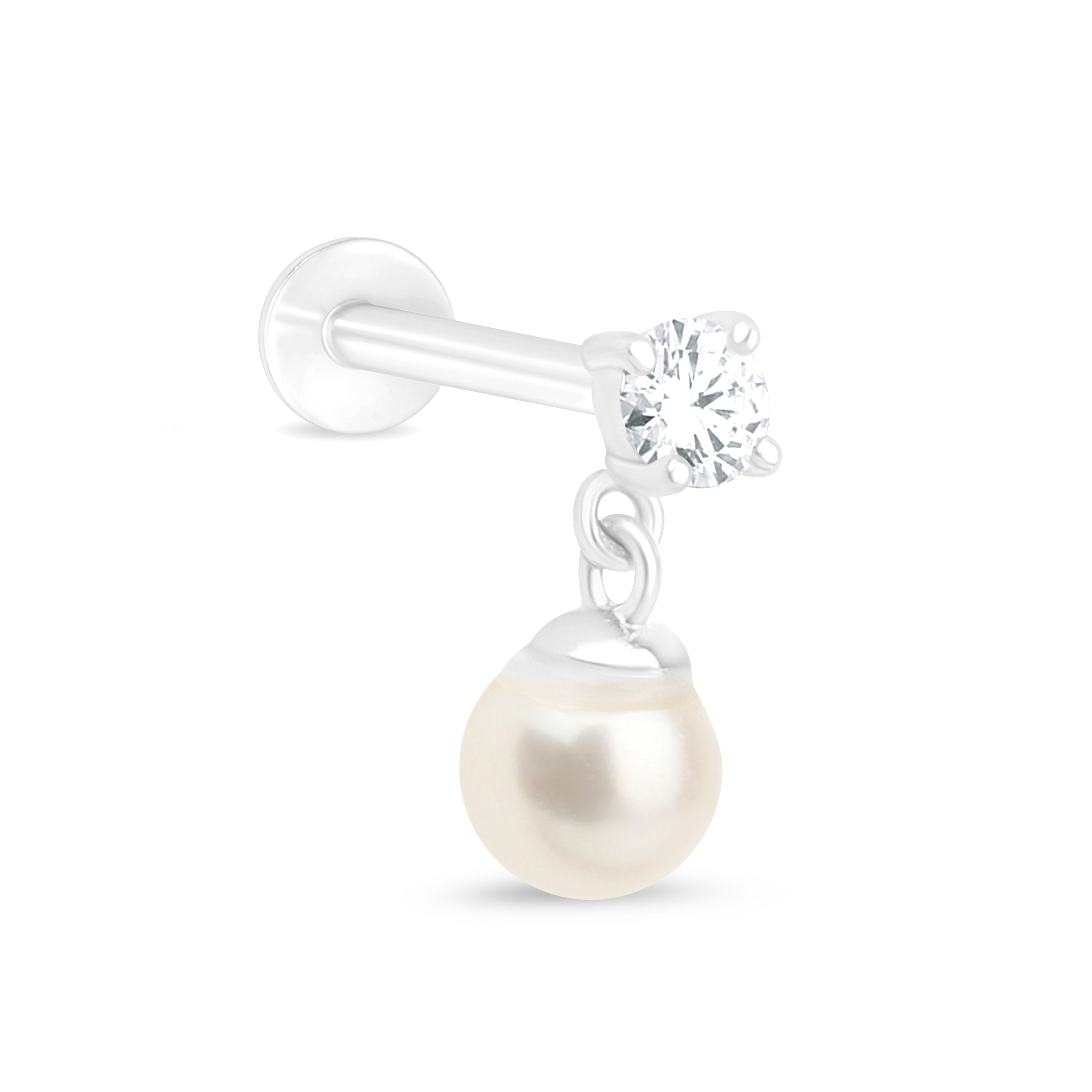 Diamond And Pearl Drop Flat Back Stud in Solid 14k White Gold