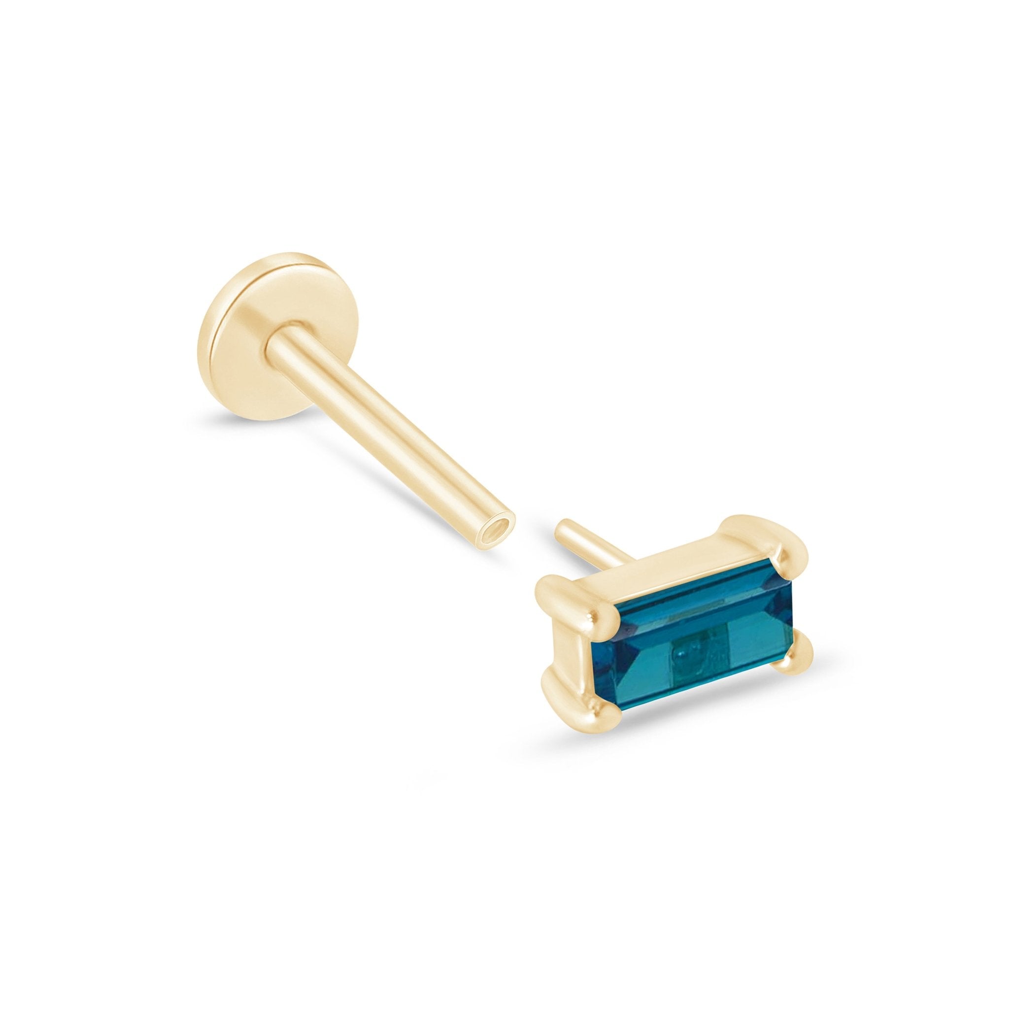 Blue Topaz Baguette Flat Back Stud in Solid 14k Yellow Gold