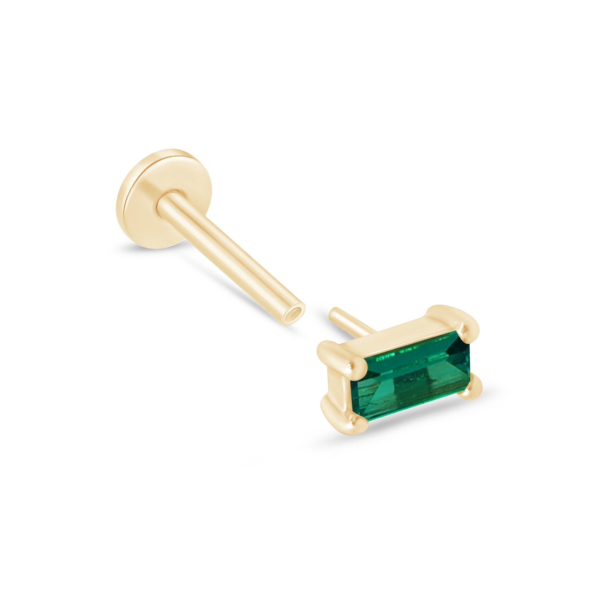 Emerald Baguette Flat Back Stud in Solid 14k Yellow Gold