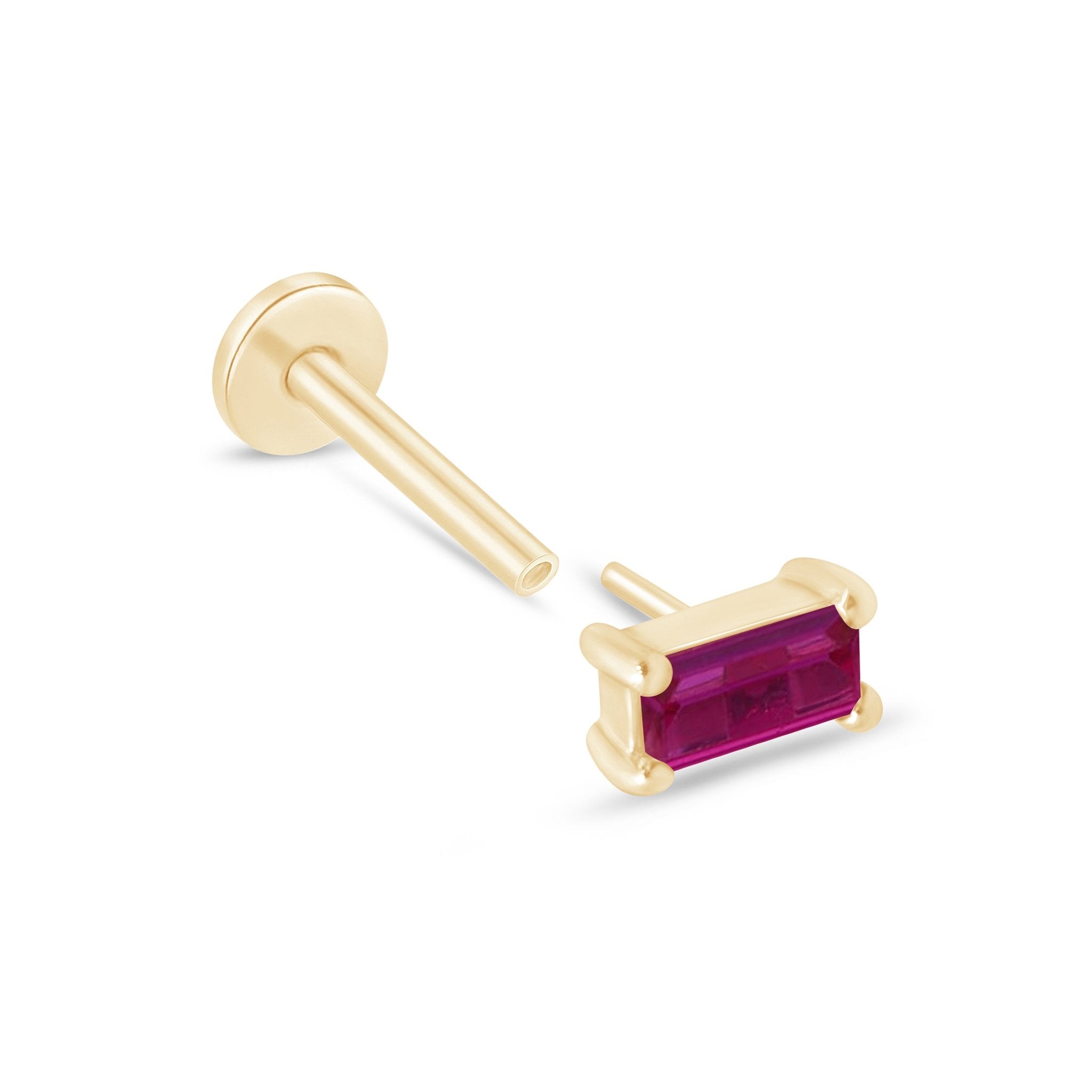 Ruby Baguette Flat Back Stud in Solid 14k Yellow Gold